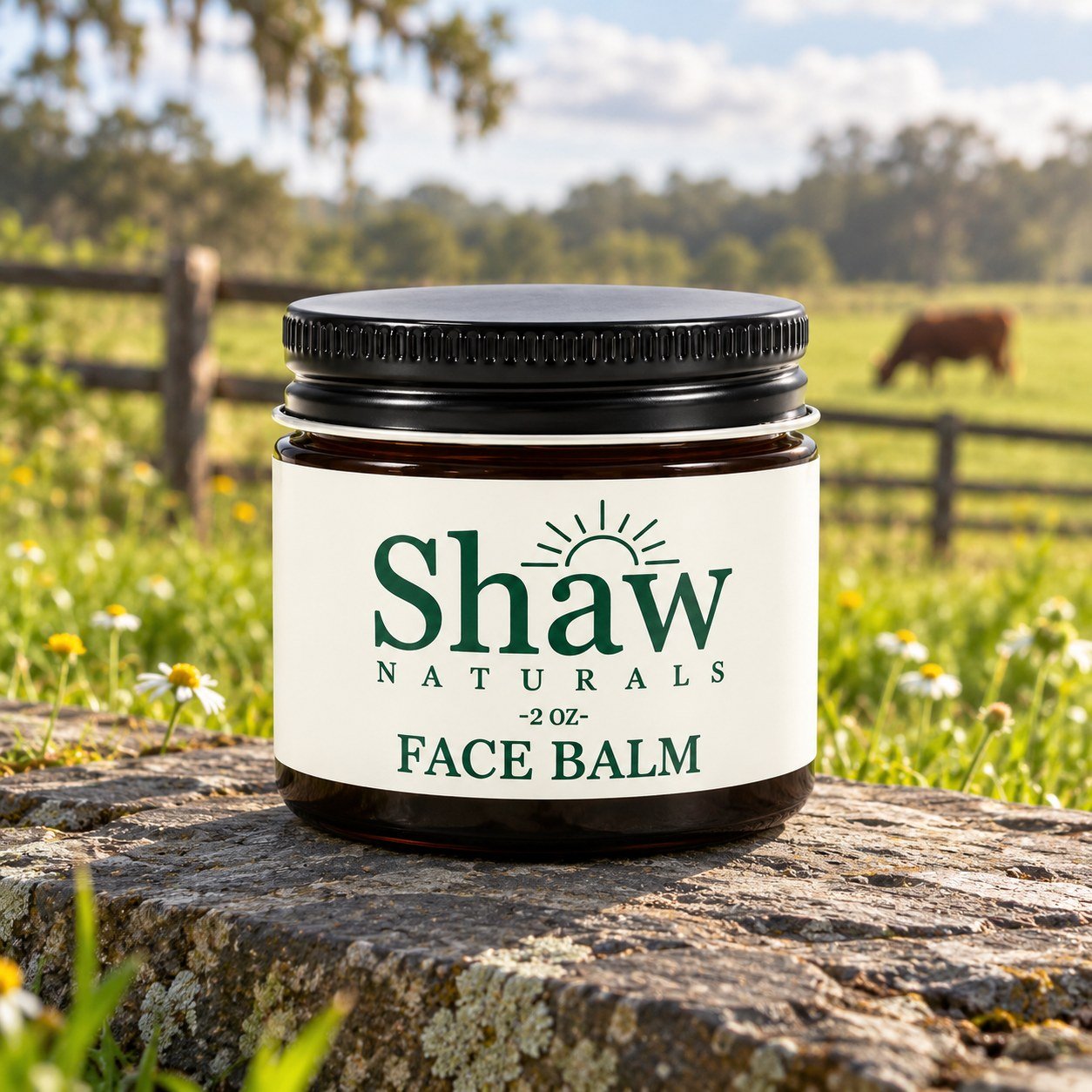 Shaw Naturals face balm on a stone ledge beside a green pasture