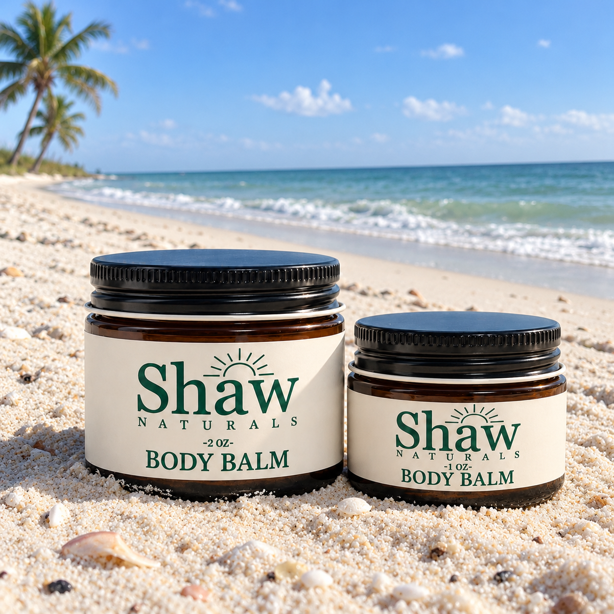 Body balm jars on Florida Gulf sand.png