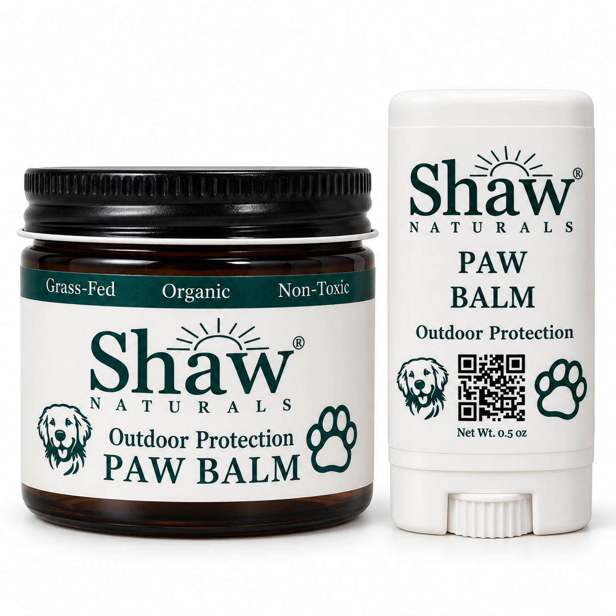 Shaw Naturals Outdoor Protection Dog Paw Balm in a 2 oz glass jar and 0.5 oz twist-up stick.