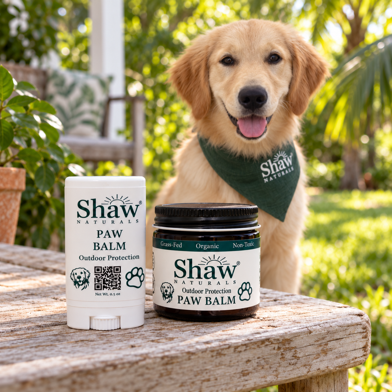 Shaw Naturals Outdoor Protection paw balm jar and stick with Molly-inspired golden retriever wearing a green Shaw Naturals bandana in a garden.