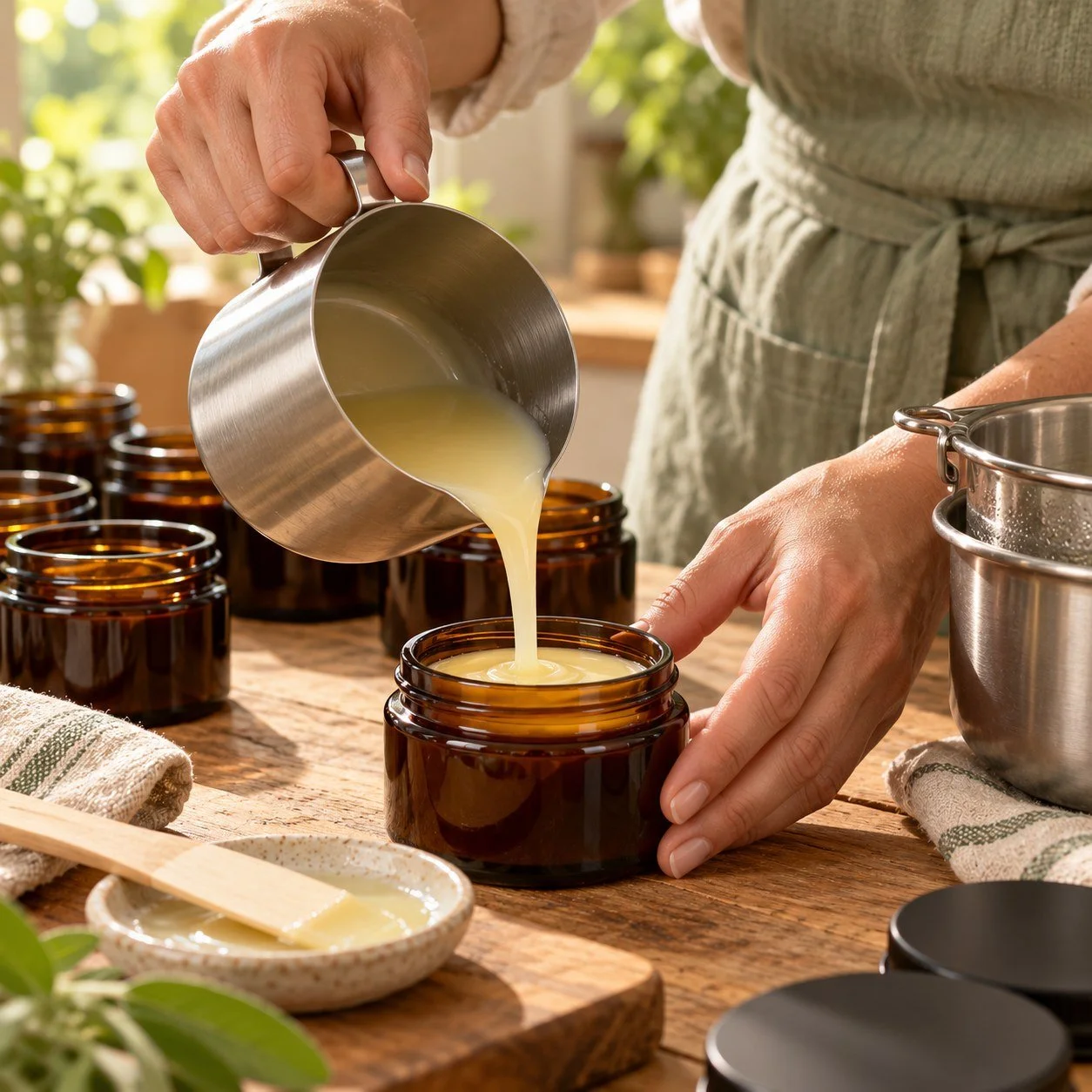Illustrative small-batch balm pouring scene with amber jars