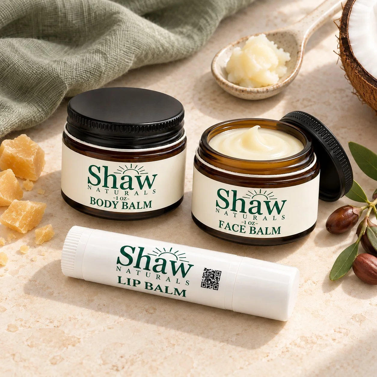 Shaw Naturals Essentials Set with open face balm, closed body balm and lip balm