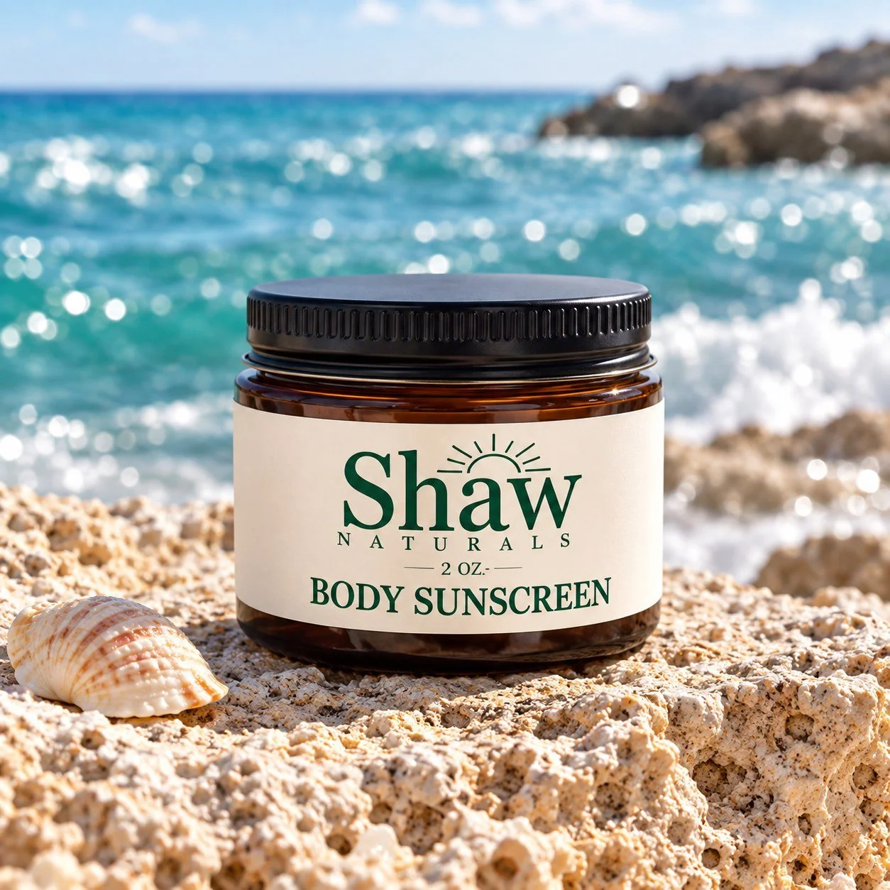 Shaw Naturals body sunscreen on a coastal limestone ledge beside turquoise water