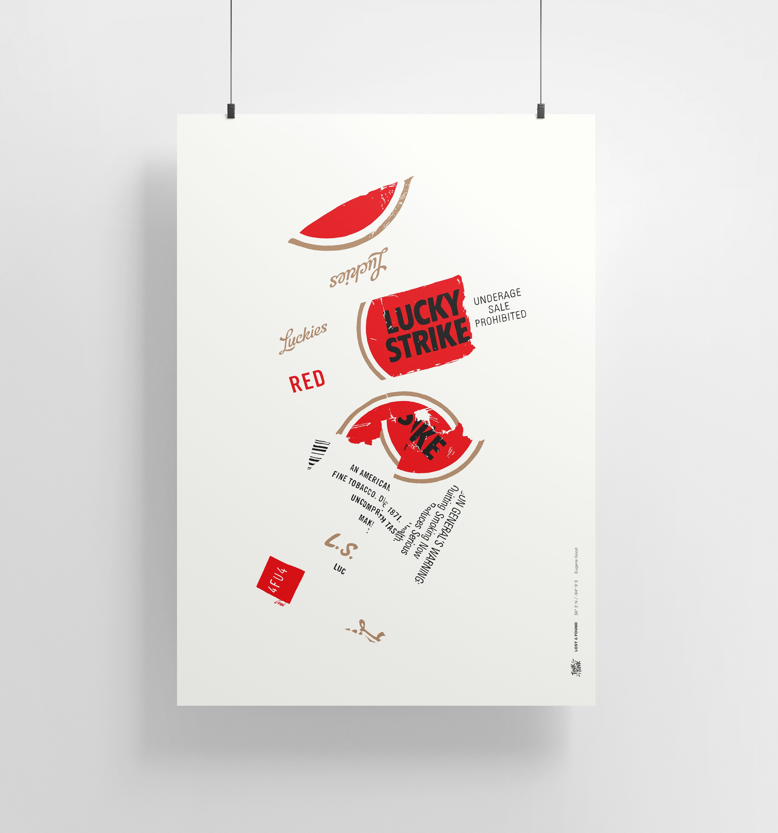 Minimalist Lucky Strike-inspired art print featuring deconstructed design fragments by Tink Tink.