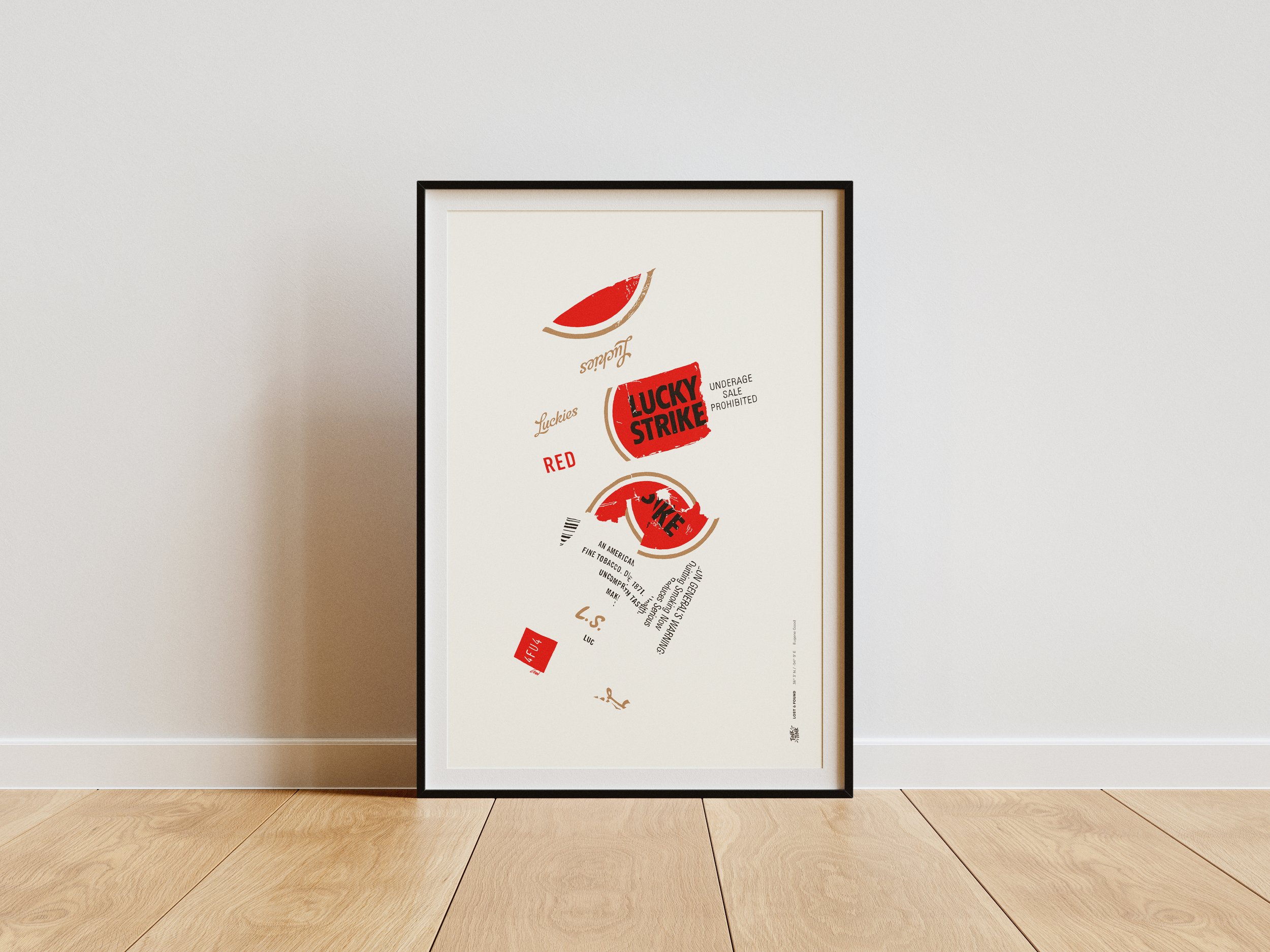 Bold modern art print reimagining the classic Lucky Strike design, celebrating imperfection.