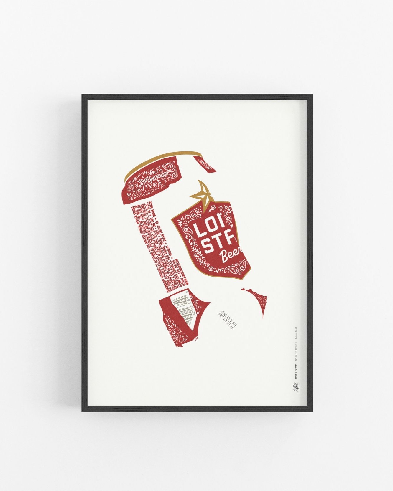 Lone Star beer can art print from Tink Tink’s Lost & Found series, celebrating Texas pride and bold creativity-premium black wood frame