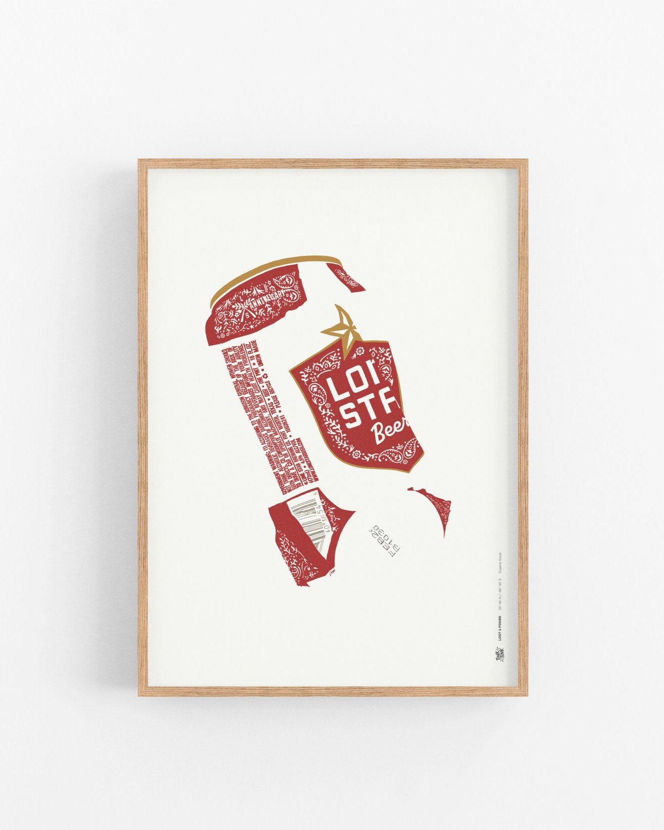 Lone Star beer can art print from Tink Tink’s Lost & Found series, celebrating Texas pride and bold creativity-premium natural wood frame