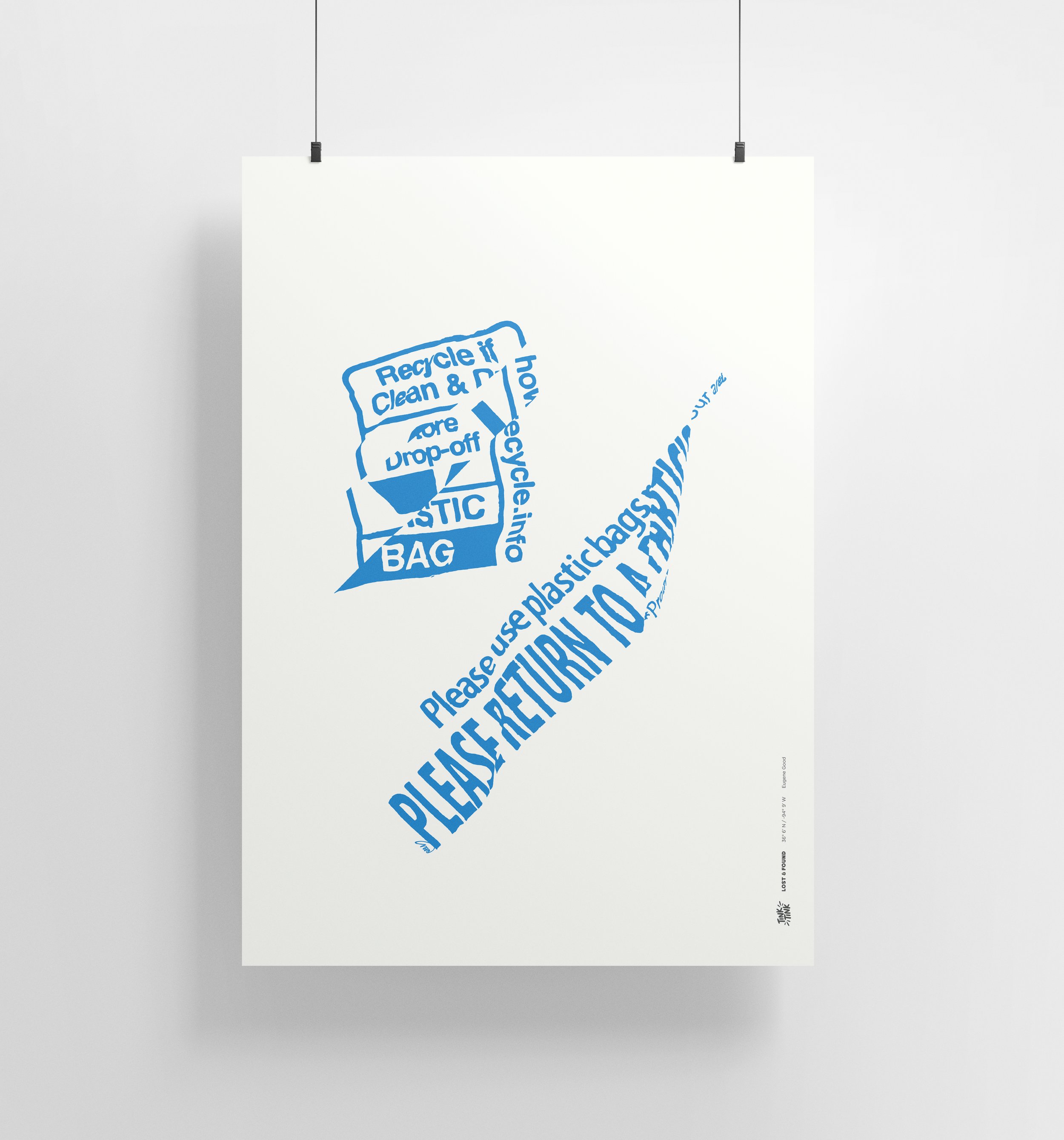 Minimalist plastic bag-inspired art print with bold blue design, celebrating sustainability by Tink Tink Creative.
