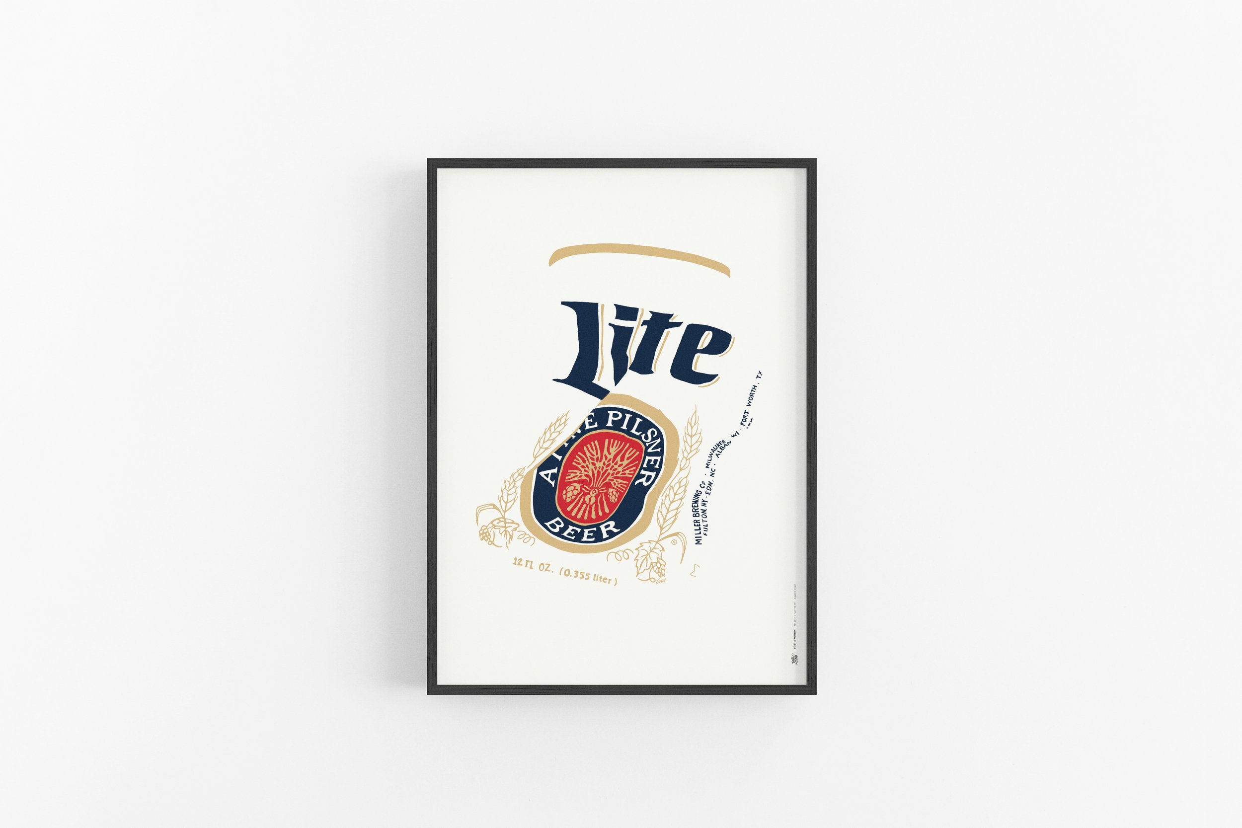 Bold art print featuring a reimagined beer can, highlighting imperfections with minimalist design-premium black wood frame