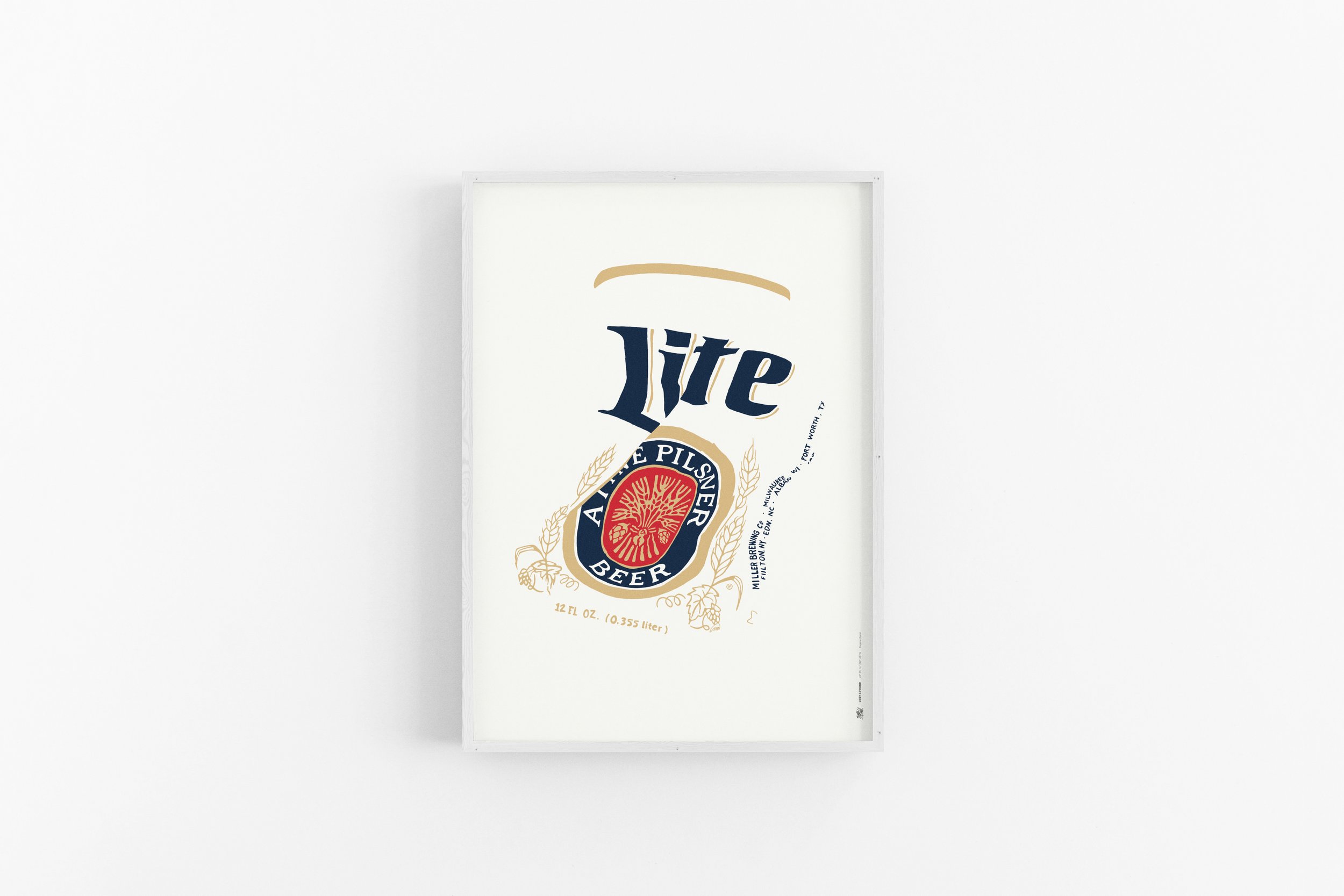 Bold art print featuring a reimagined beer can, highlighting imperfections with minimalist design-premium white wash wood frame