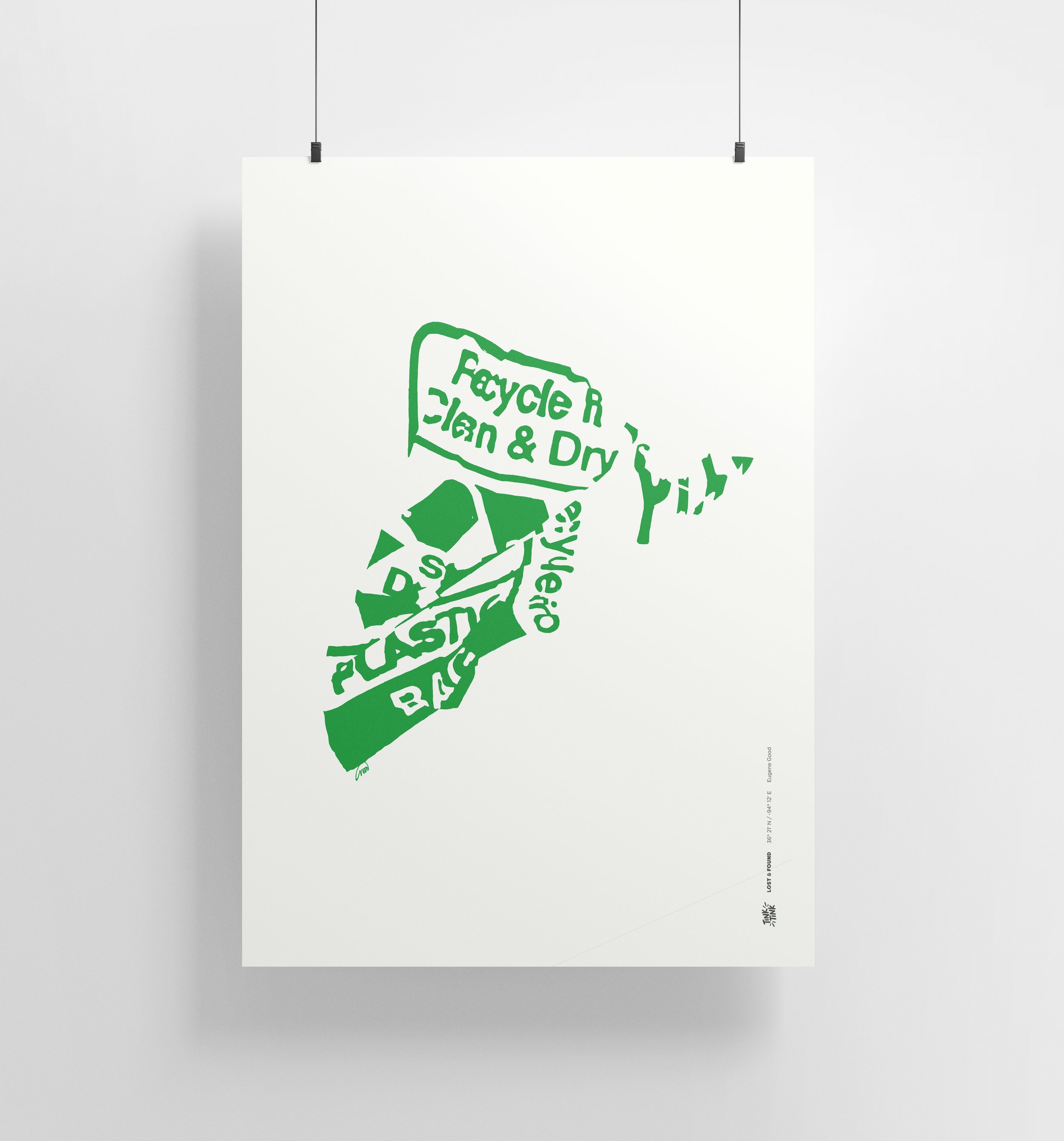 Bold recycling symbol print from Tink Tink’s Lost & Found series, celebrating sustainability and modern design-museum quality print