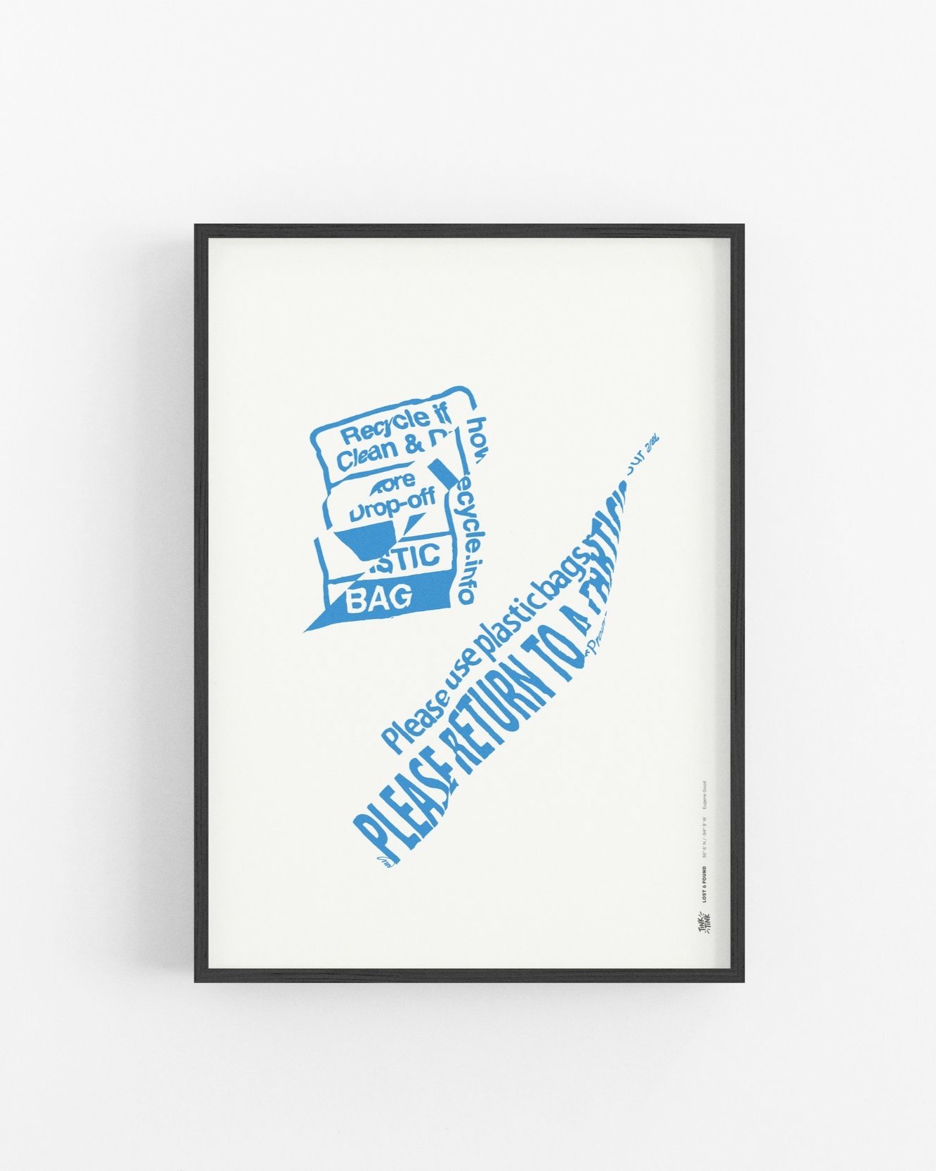 Minimalist plastic bag-inspired art print with bold blue design, celebrating sustainability-premium black wood frame