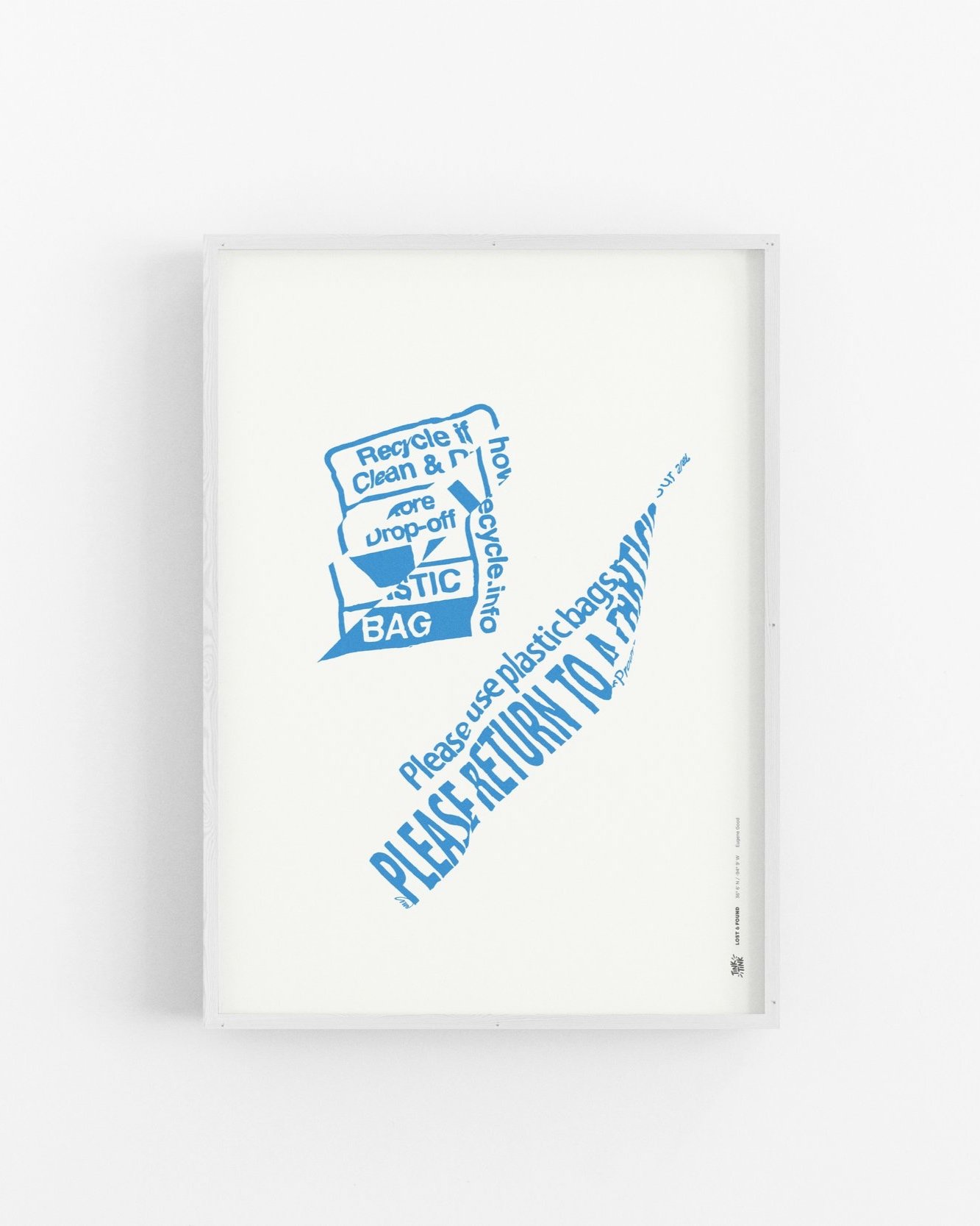 Minimalist plastic bag-inspired art print with bold blue design, celebrating sustainability-premium white wash wood frame