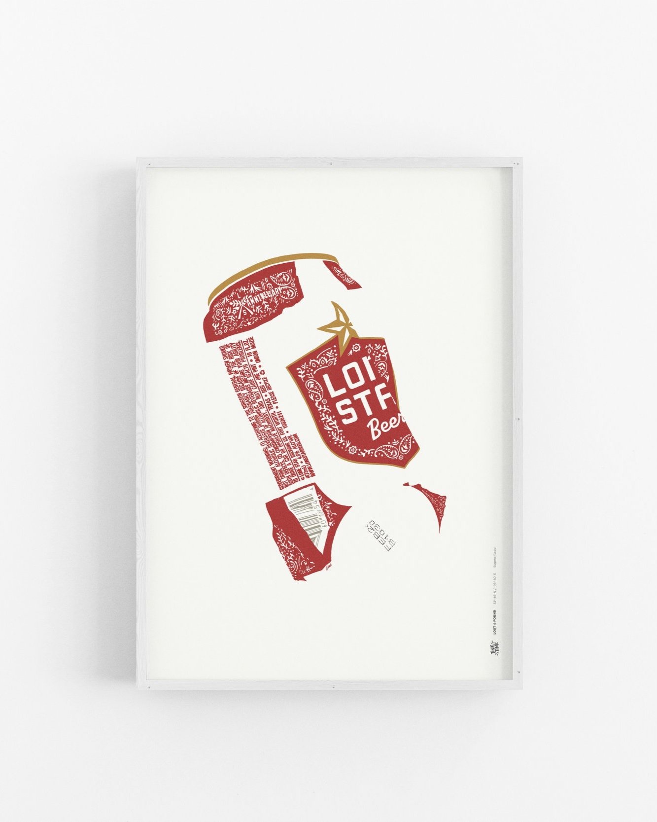 Lone Star beer can art print from Tink Tink’s Lost & Found series, celebrating Texas pride and bold creativity-premium white wash wood frame