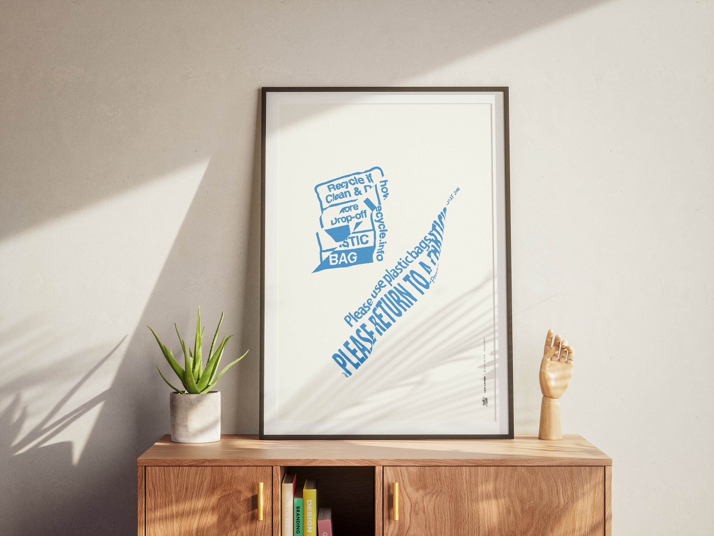 Eco-conscious art print featuring deconstructed plastic bag fragments in bold blue typo-graphics.