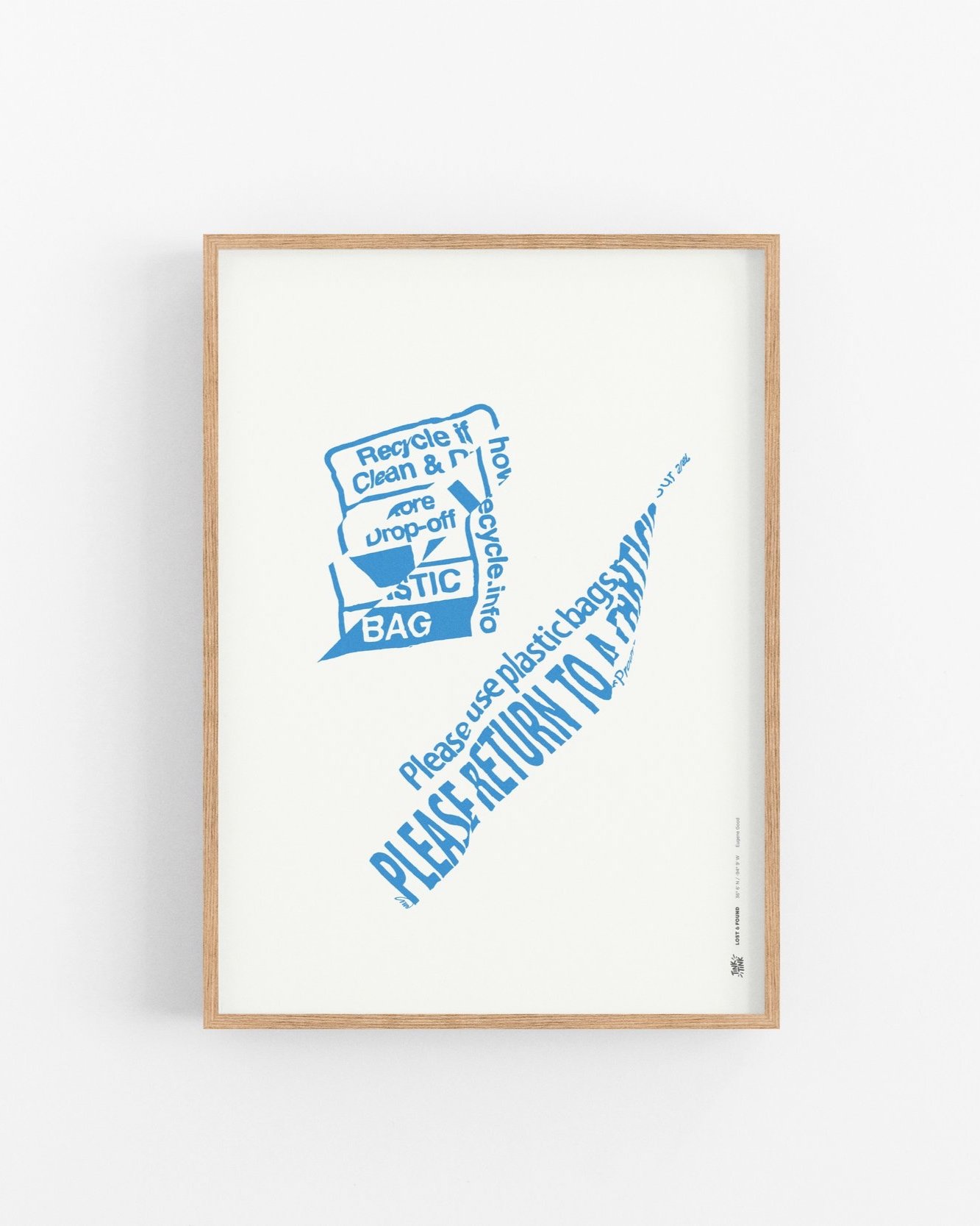 Minimalist plastic bag-inspired art print with bold blue design, celebrating sustainability-premium natural wood frame