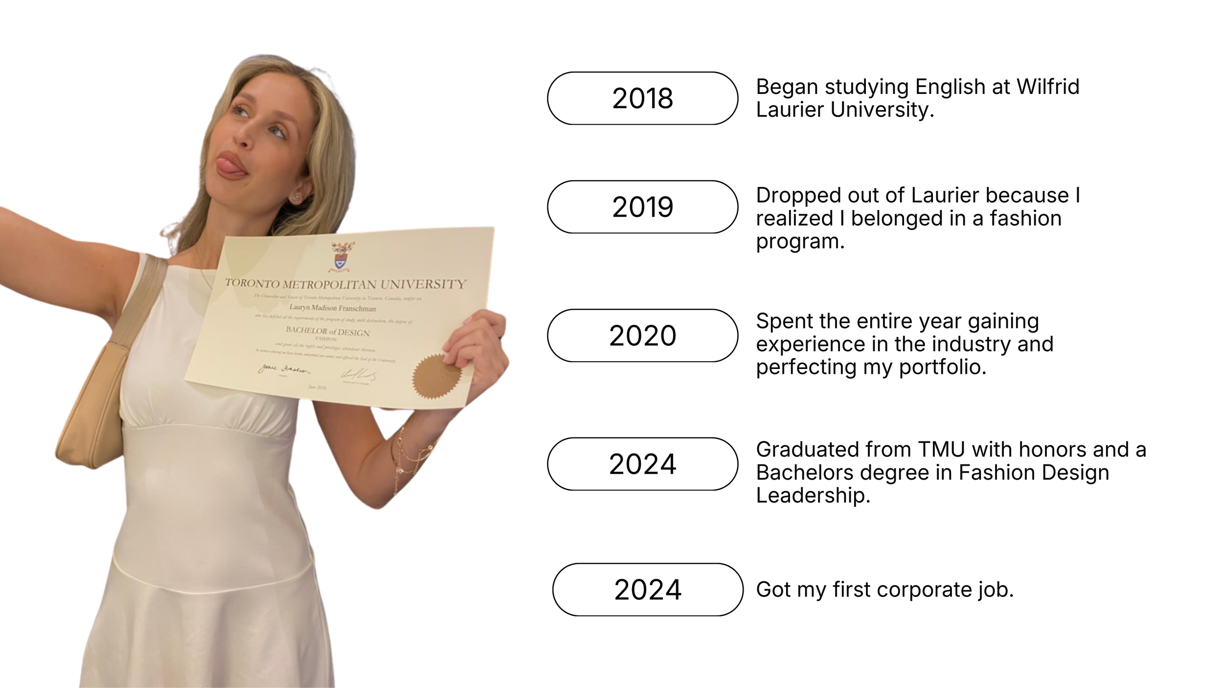 A woman with blonde hair sticking out her tongue, wearing a white dress, holding a Toronto Metropolitan University graduation certificate.