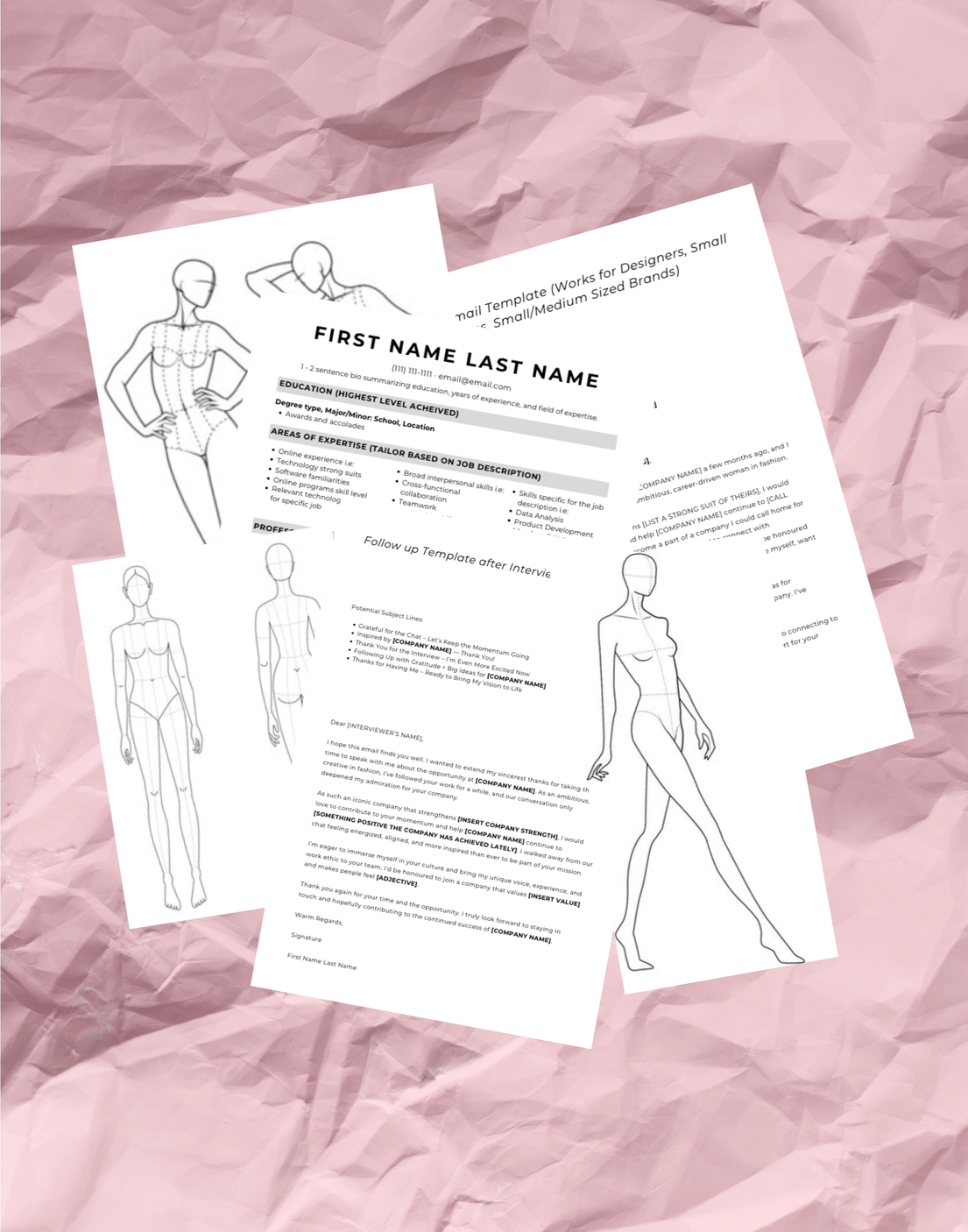 Two fashion designer CV templates with sketches of female dress forms on pink crumpled paper background.