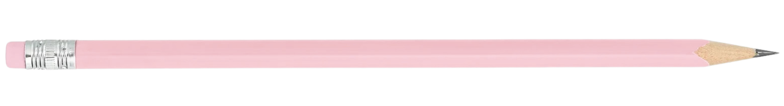 Close-up of a pink pencil with an eraser on the left and a sharpened tip on the right.