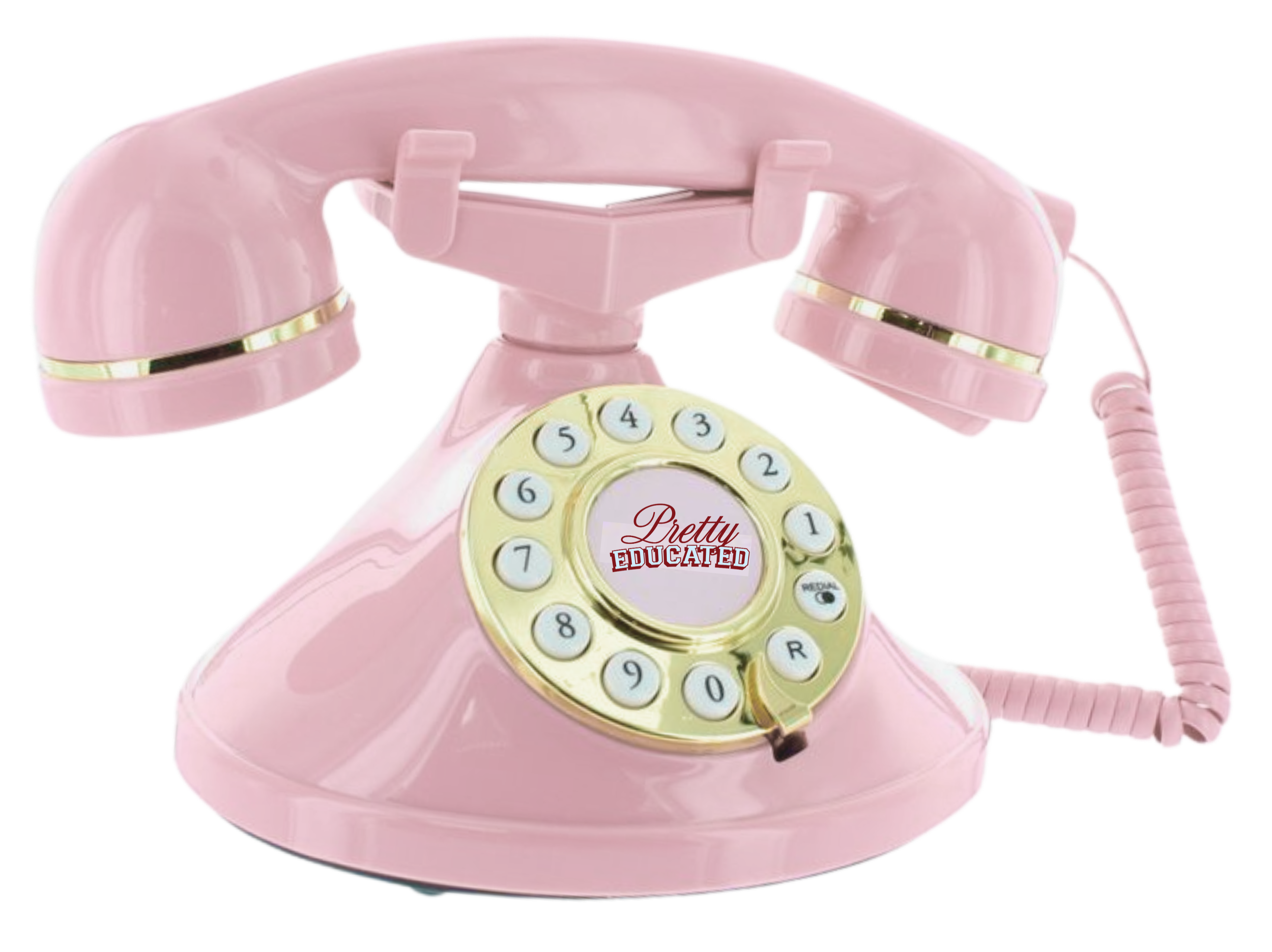 Close-up of a vintage pink rotary telephone with a circular dial and a curved handset, labeled 'Pretty Educated' on the dial.