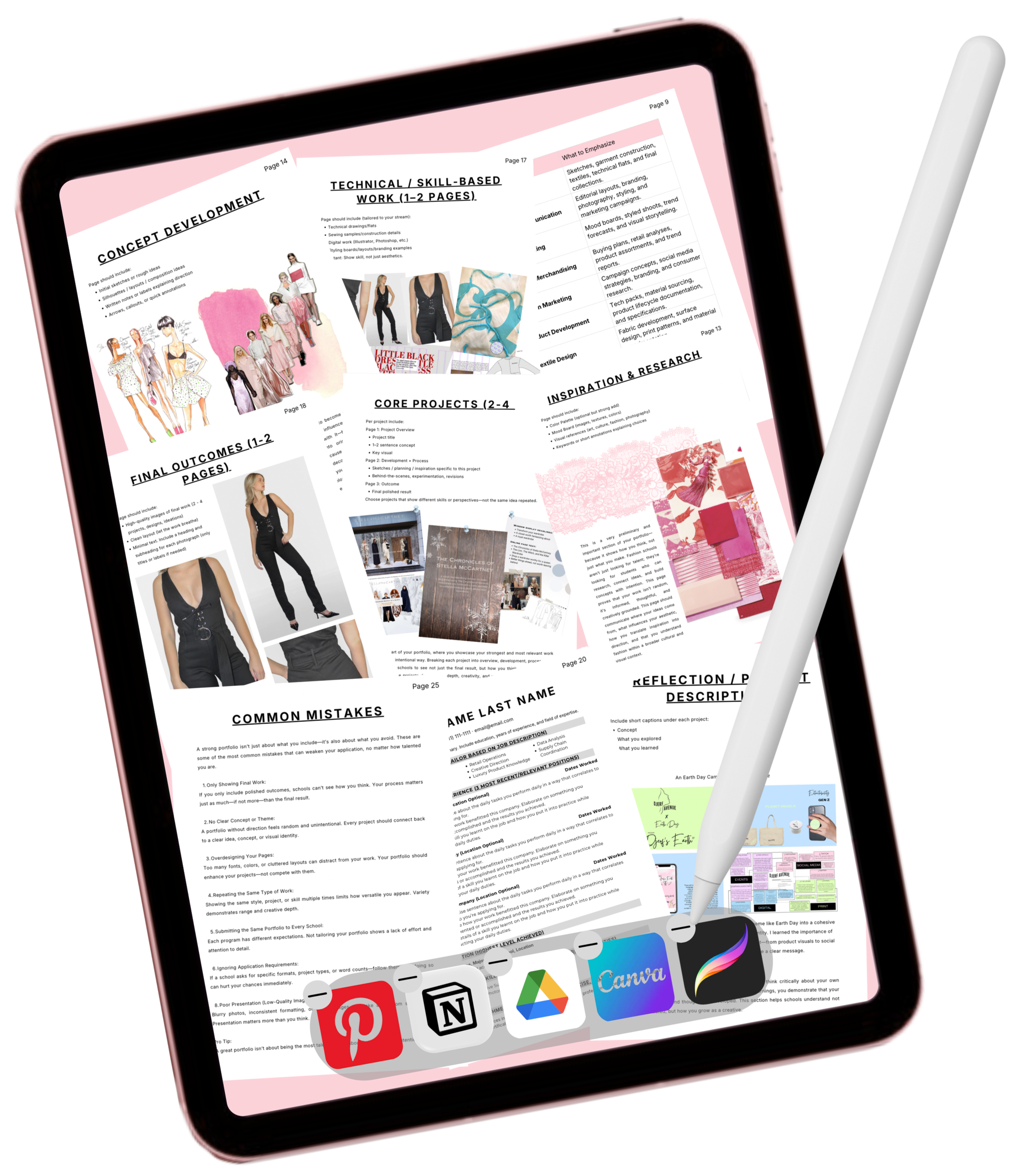 Close-up of a tablet screen showing a detailed document or presentation about fashion design concepts, research, and project development, with visible app icons such as Pinterest, Notion, Canva, and Google Drive at the bottom.