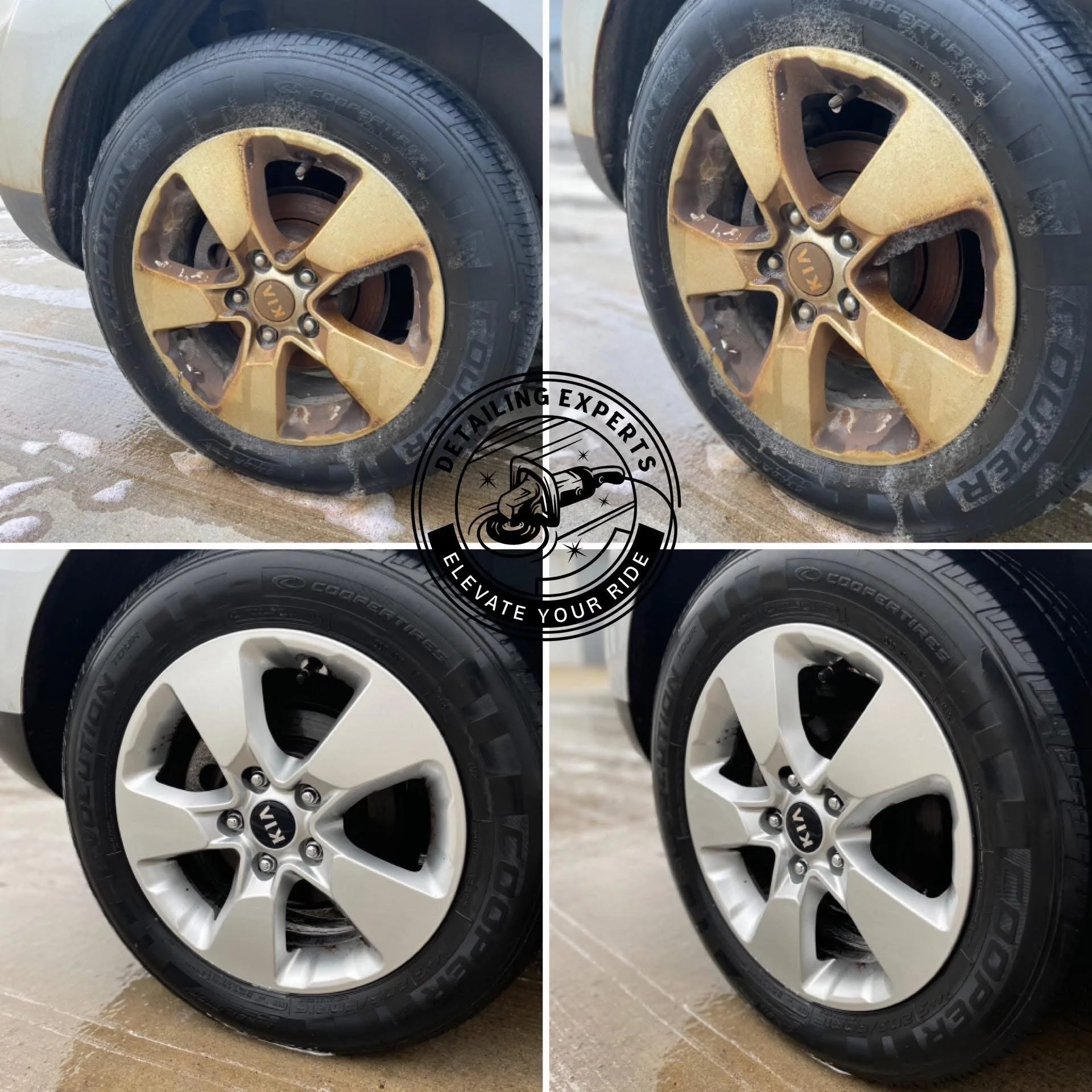 The image shows a before and after comparison of a car wheel cleaning process. The top row features a rusty, dirty wheel, while the bottom row displays a clean, freshly polished wheel.