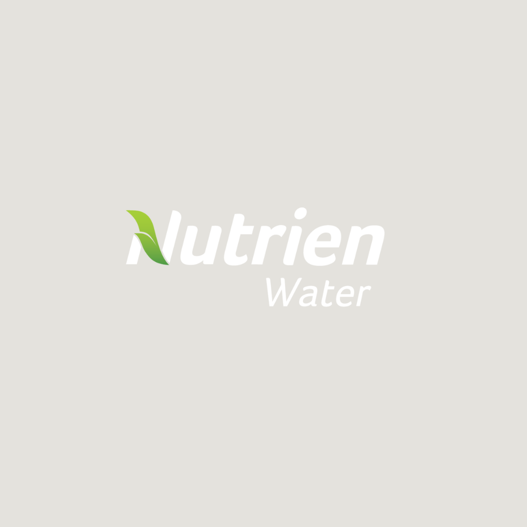 white nutrien water words and green leaf in the N
