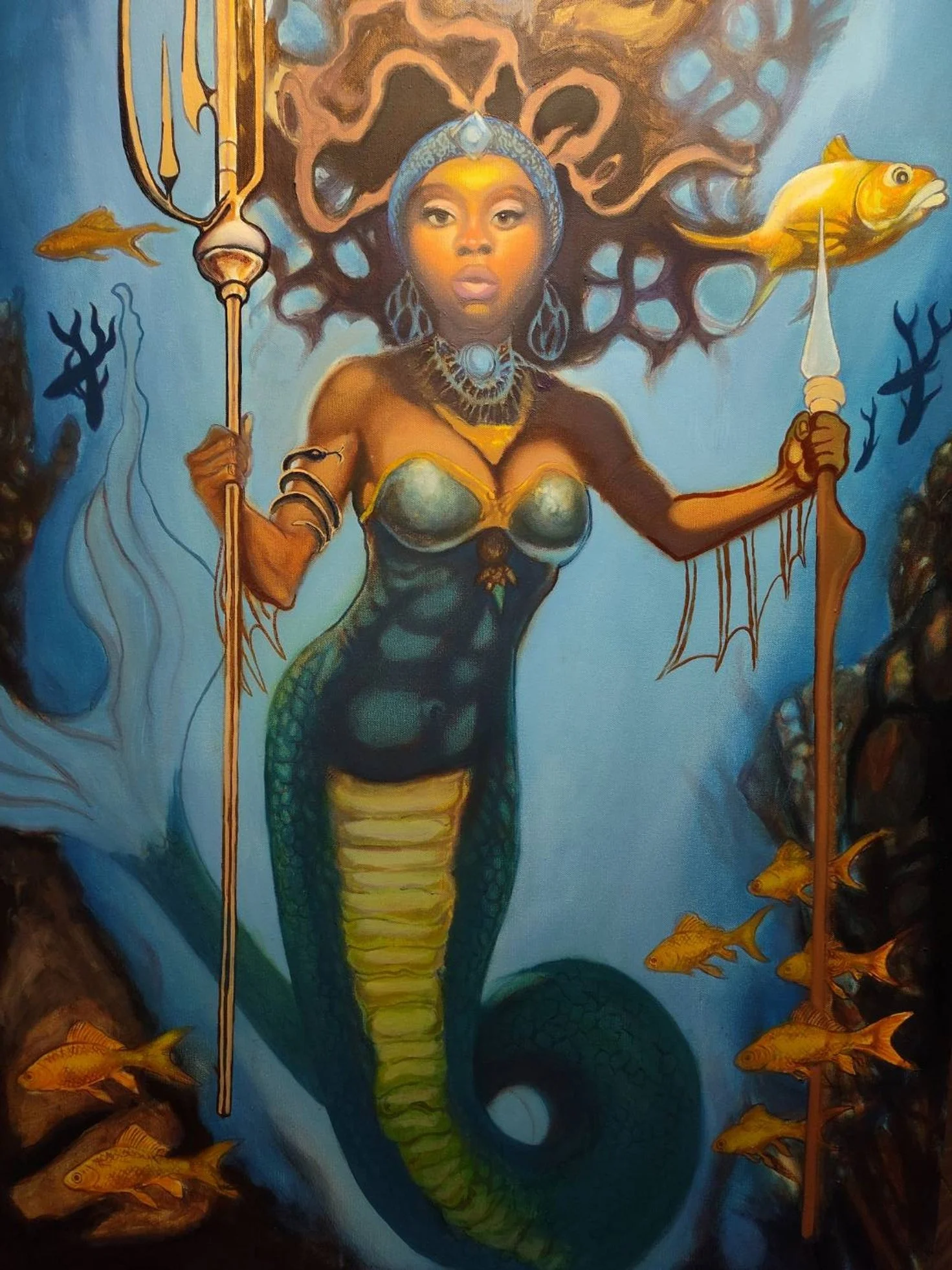 This is a oil painting of a beautiful Black woman as a Mermaid holding a triton