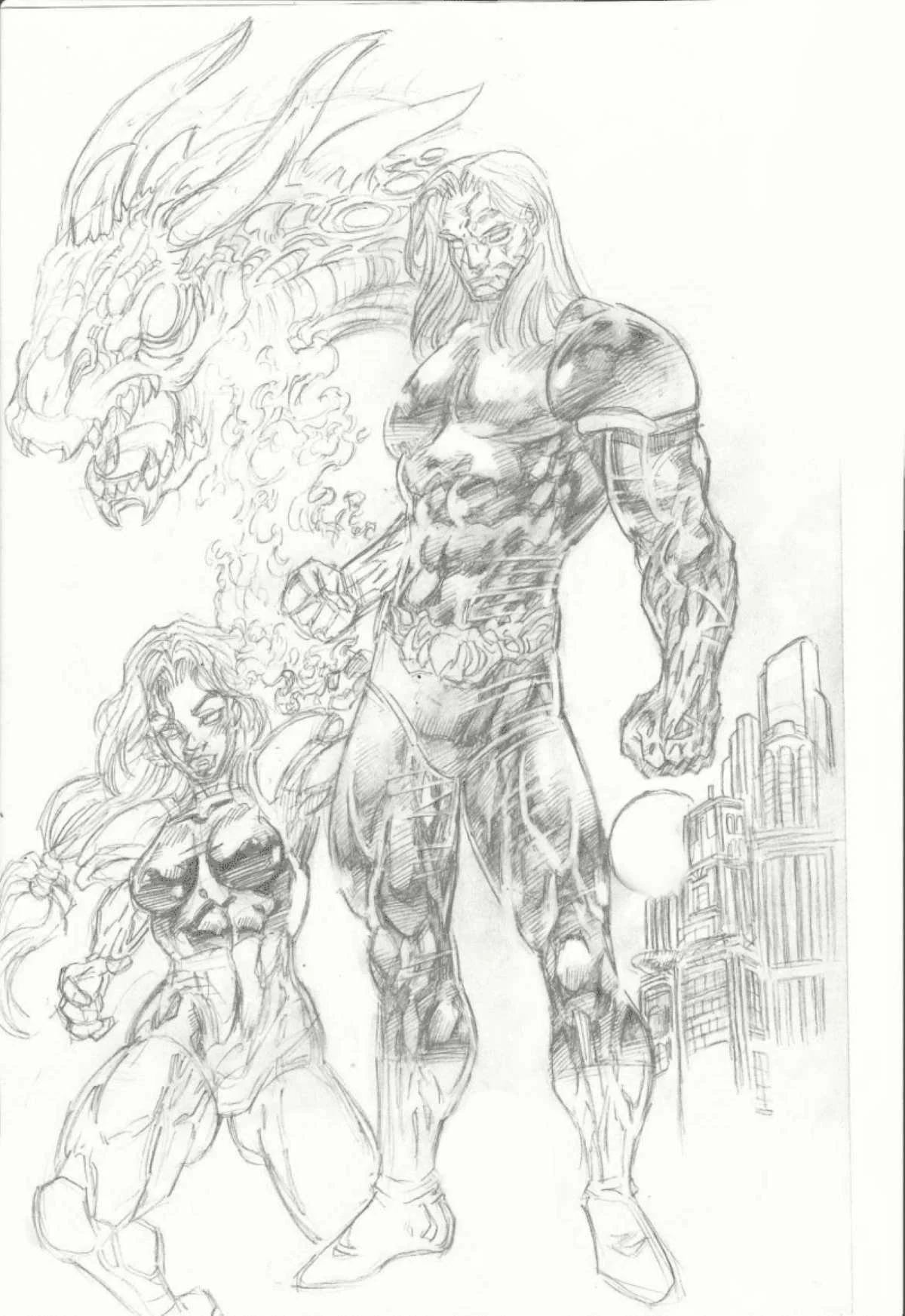 pencil sketch of comic  hero concept man and woman side by side