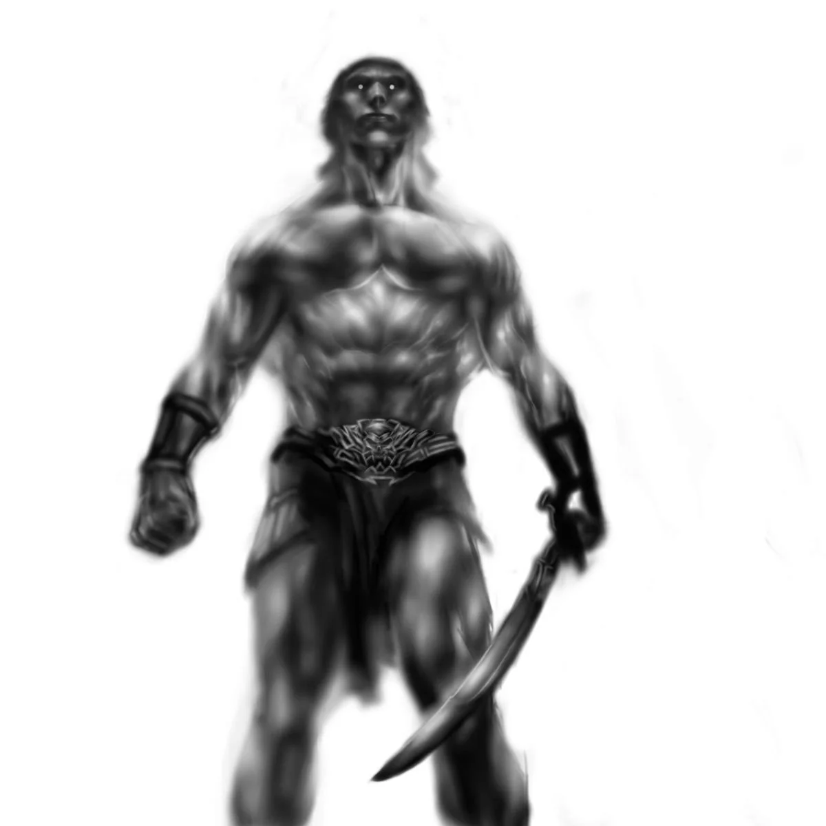 A Pencil Sketch of a Barbarian holding a sword with a white empty background..