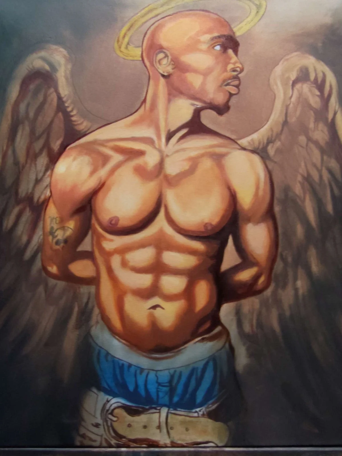 Original fantasy art oil painting on canvas of famous rapper 2pac Shakur with angel wings and a halo.