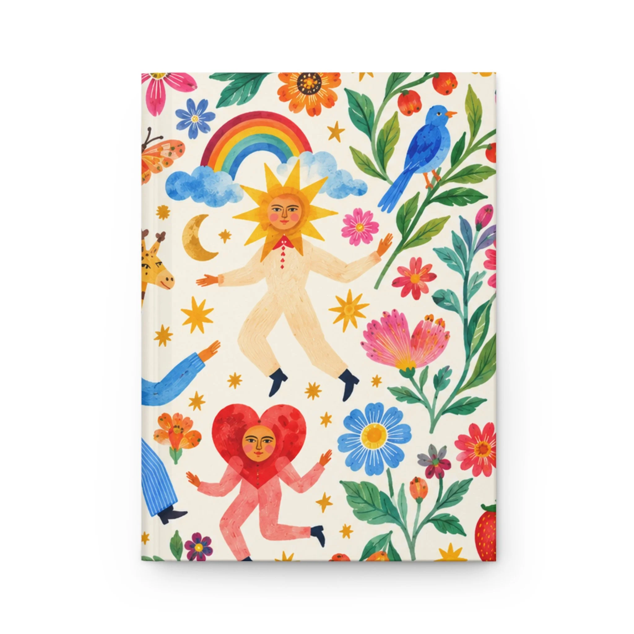 Whimsical Sun, Moon & Fruit Characters Hardcover Journal | Floral Rainbow Pattern