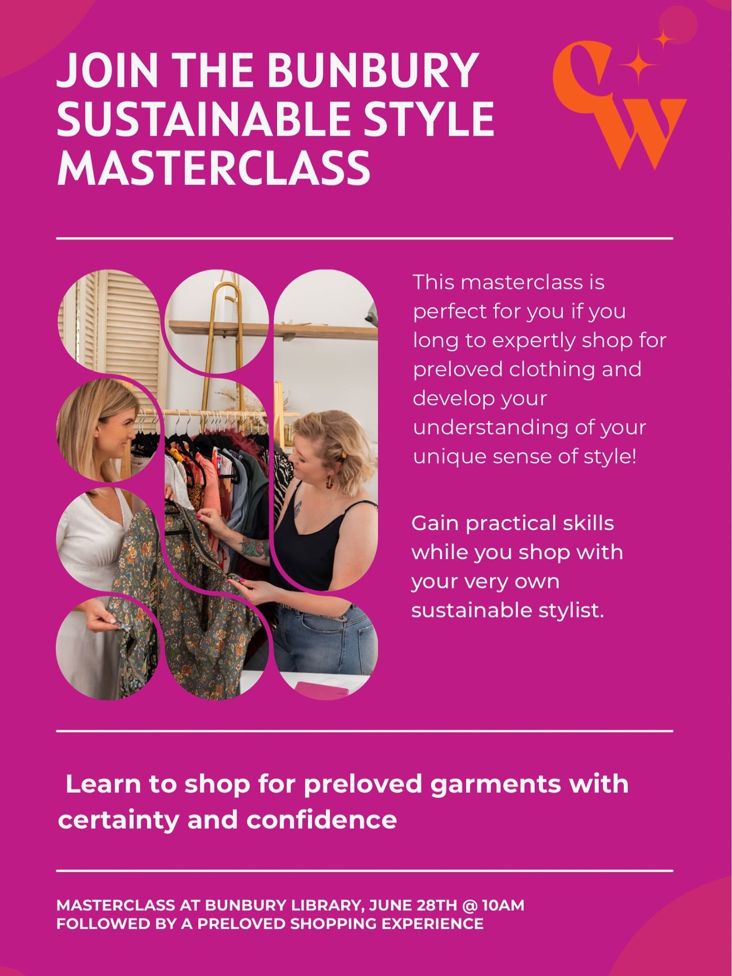 Bunbury Sustainable Style Masterclass &amp; Tour
Saturday 28 June | 10am&ndash;1pm

Ready to shop preloved like a pro?
Join me for hands-on masterclass at @bunburypubliclibraries then hit two of @cityofbunbury best second-hand gems Vinnies &amp; Red 