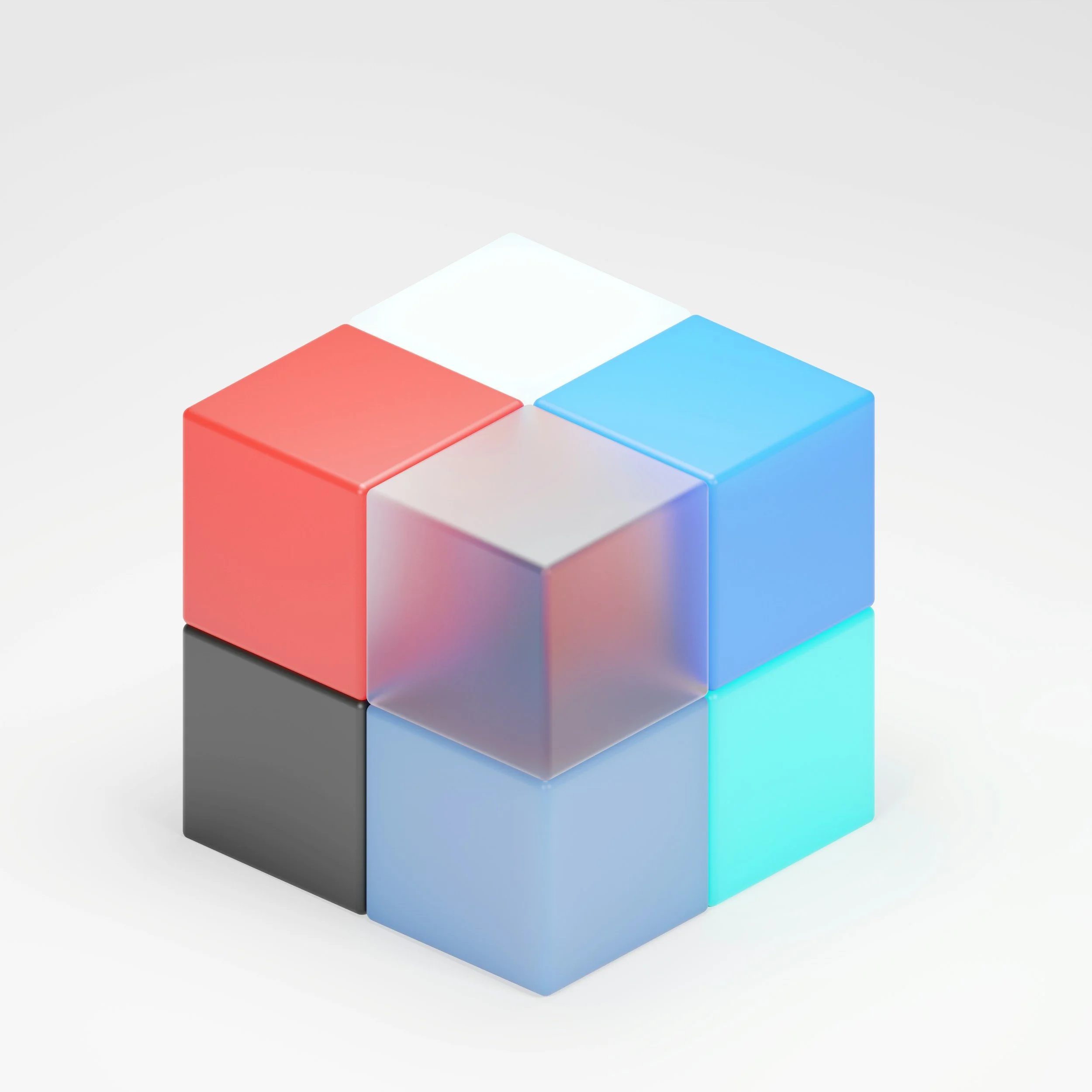 Colorful 3D blocks forming a cubic structure on a light background.