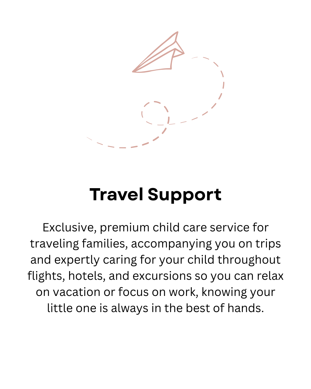 Paper airplane illustration above text about luxury child care travel services. Description highlights premium child care for traveling families, including flights, hotels, and excursions.