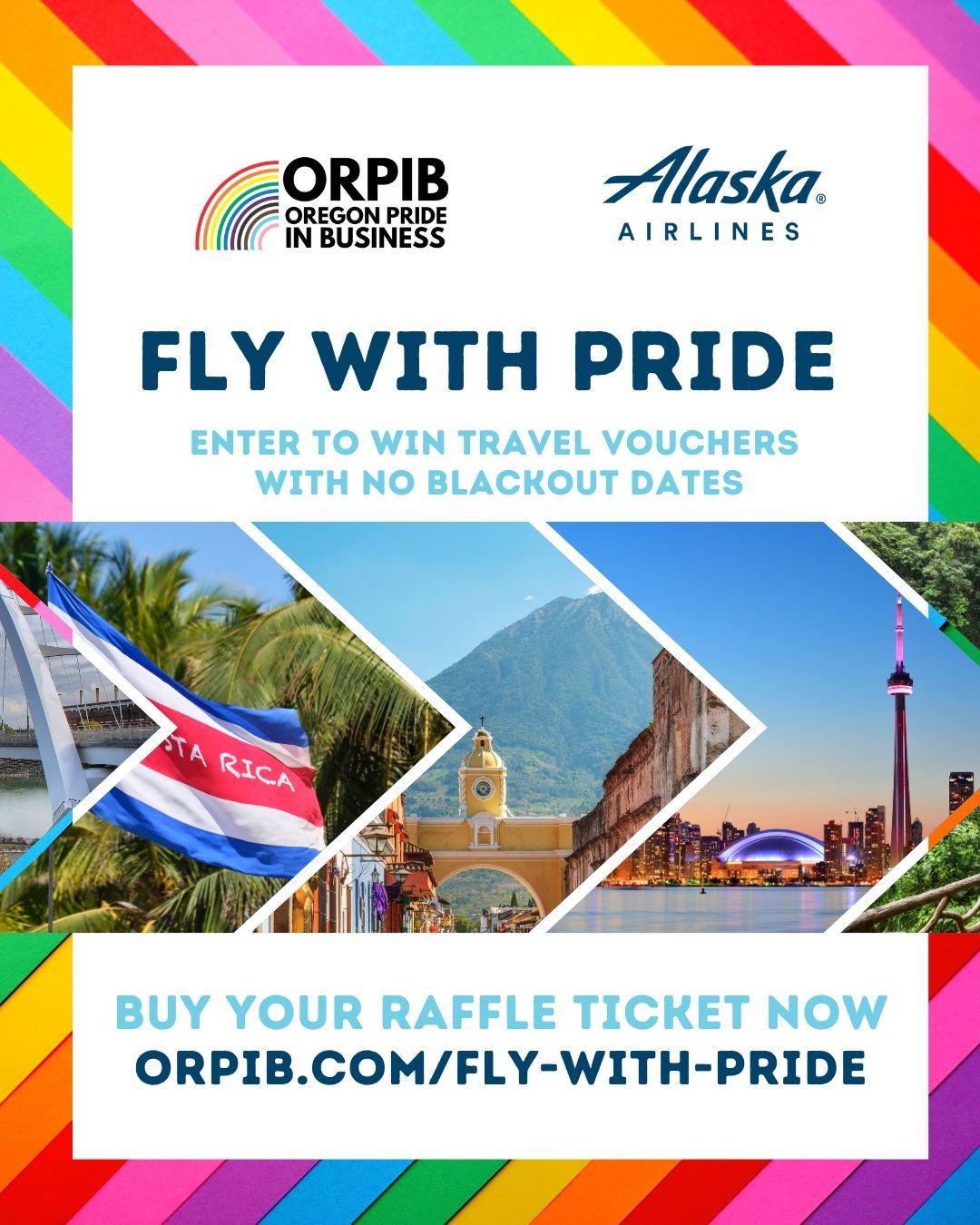 Enter to win one of two travel vouchers from Alaska Airlines in our Fly With Pride June Fundraiser. Raffle tickets are $25 each or 5 for $100. Details and enter to win at orpib.com/fly-with-pride. Good Luck!