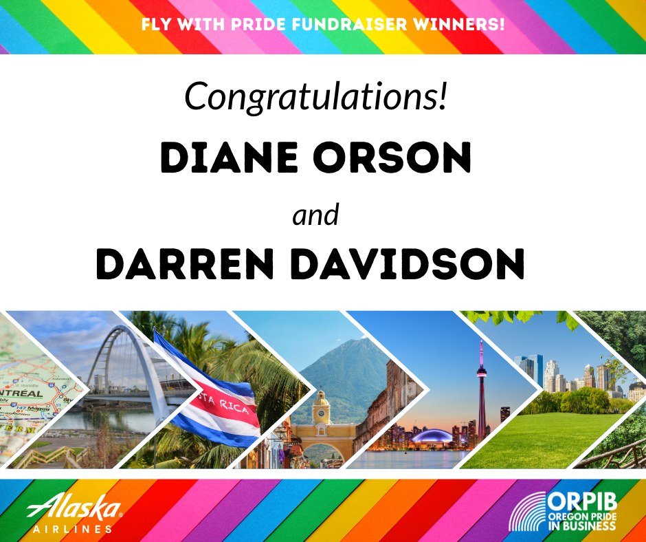 Congratulations to Diane Orson and Darren Davidson &mdash; the two ORPIB supporters who won Alaska Airlines travel vouchers in our June Fly with Pride Fundraiser! 
Thank you also to the 37 other people who entered to win. Your support is deeply appre