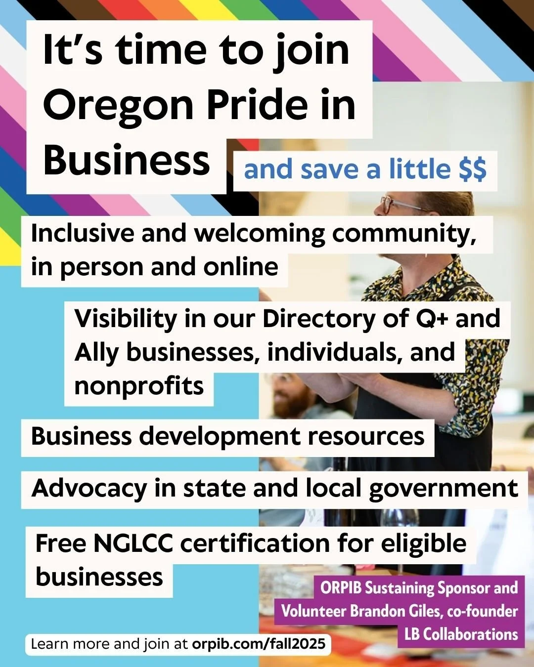 Last call for new members in our fall membership drive! You can join us tomorrow, but we recommend you do it today instead and save $35 on your first annual payment*. 
🫸 Why Join ORPIB? 🫷
❤️Community &mdash; Belong to a welcoming network of LGBTQIA