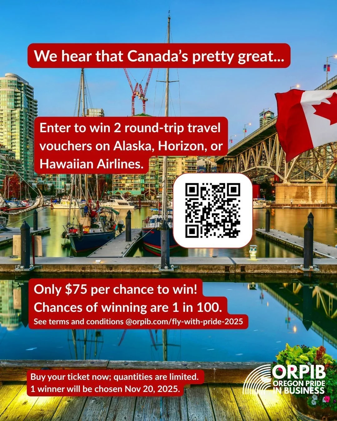 🤞🏻Enter to win two (2!) travel vouchers good for roundtrip airfare on Alaska, Horizon, or Hawaiian Airlines, to any destination they serve in Hawaii, North America, or Central America. Raffle tickets are just $75 each and only 100 will be sold. 
🍁