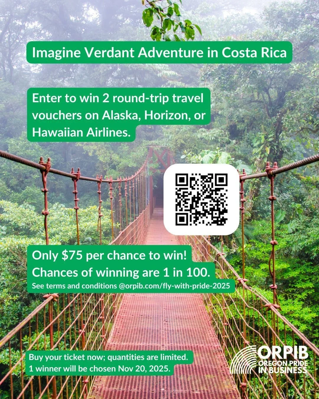 ‼️ You *almost* have a 1 in 100 chance of winning airfare for two to Costa Rica! 
✈️ Enter to win two (2!) travel vouchers good for roundtrip airfare on Alaska, Horizon, or Hawaiian Airlines, to any destination they serve in Hawaii, North America, or