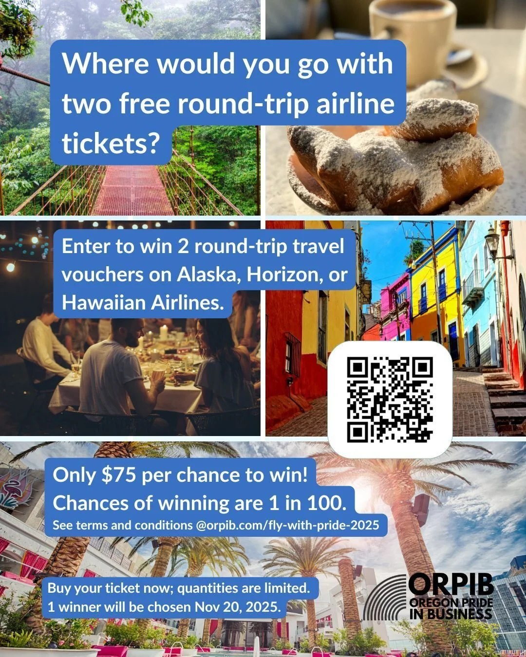 🌈 We're choosing  one lucky winner this Thursday, November  20, to receive 2 travel vouchers good for roundtrip airfare on Alaska, Horizon, or Hawaiian Airlines, to any destination they serve in Hawaii, North America, or Central America. 
🎟️ Raffle