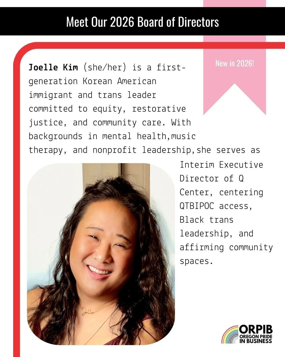 You may already know Joelle Kim (she/her) as the powerhouse Interim Executive Director of the Q Center. We're proud to share that she's also joined  the ORPIB Board! 
"I believe economic justice is inseparable from 2SLGBTQIA+ liberation, and tha
