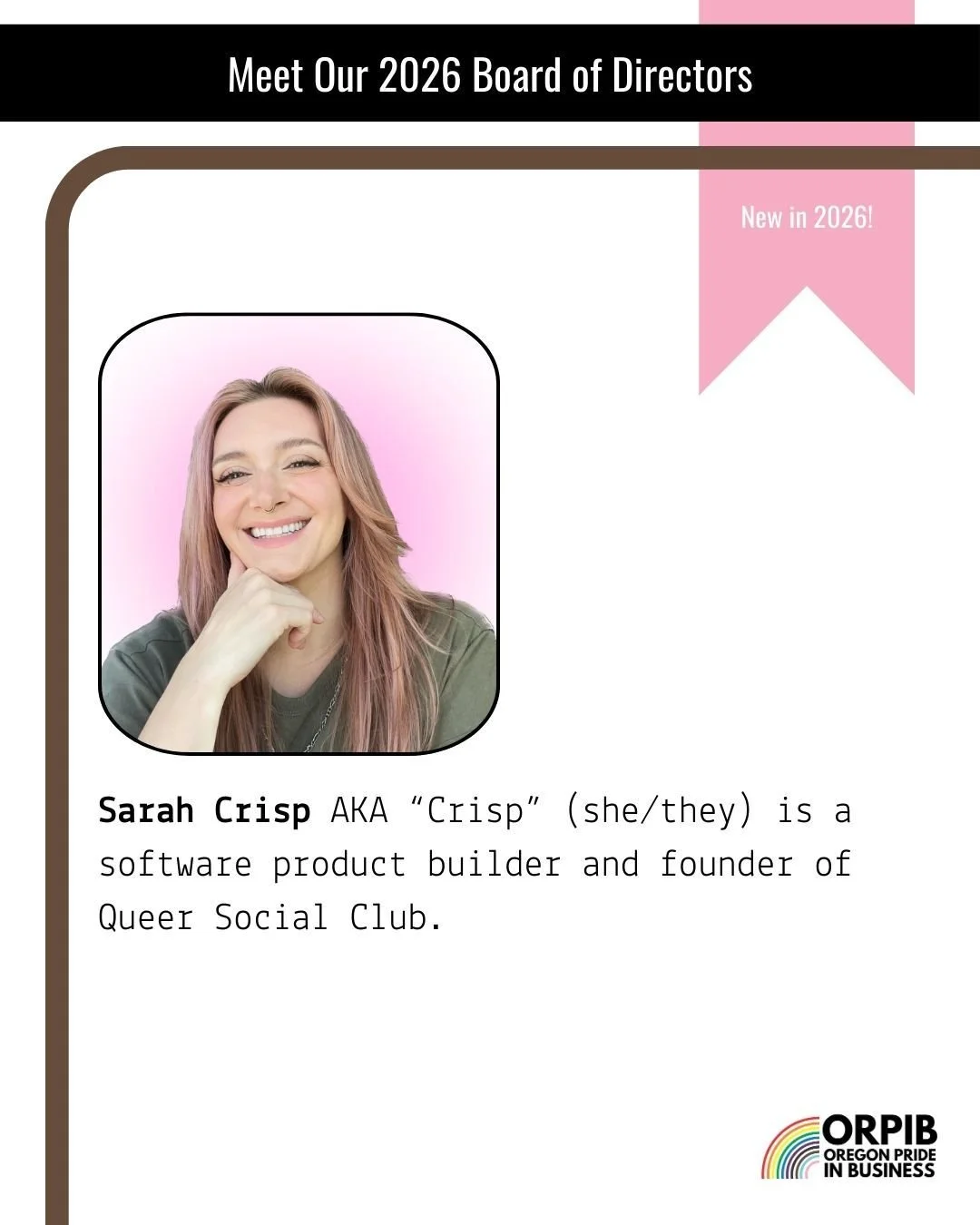 Sarah Crisp (she/they) AKA Crisp is "obsessed with helping people connect with their communities in ways that fit their unique lives and identities. In a society that pushes people to be passive consumers instead of active citizens, [she] works 