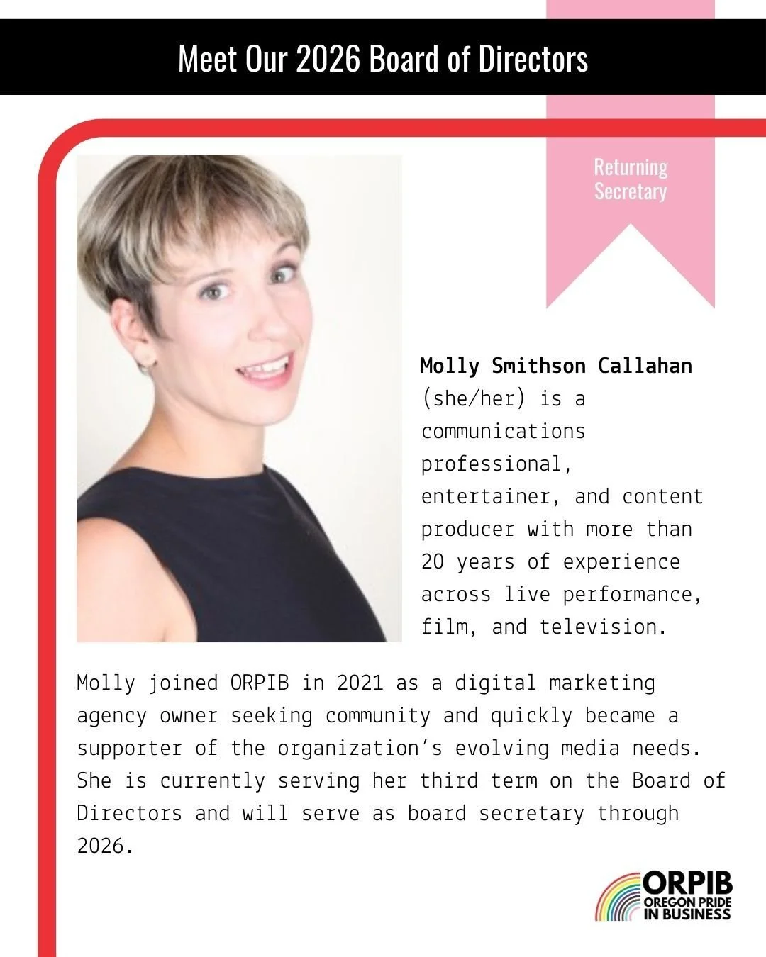 Meet Molly Smithson Callahan (she/her), who joined ORPIB back in 2021! Molly is a communications professional, entertainer and content producer who brings joy to gatherings around the Pacific Northwest, and across the worldwide web. Over 20 years of 