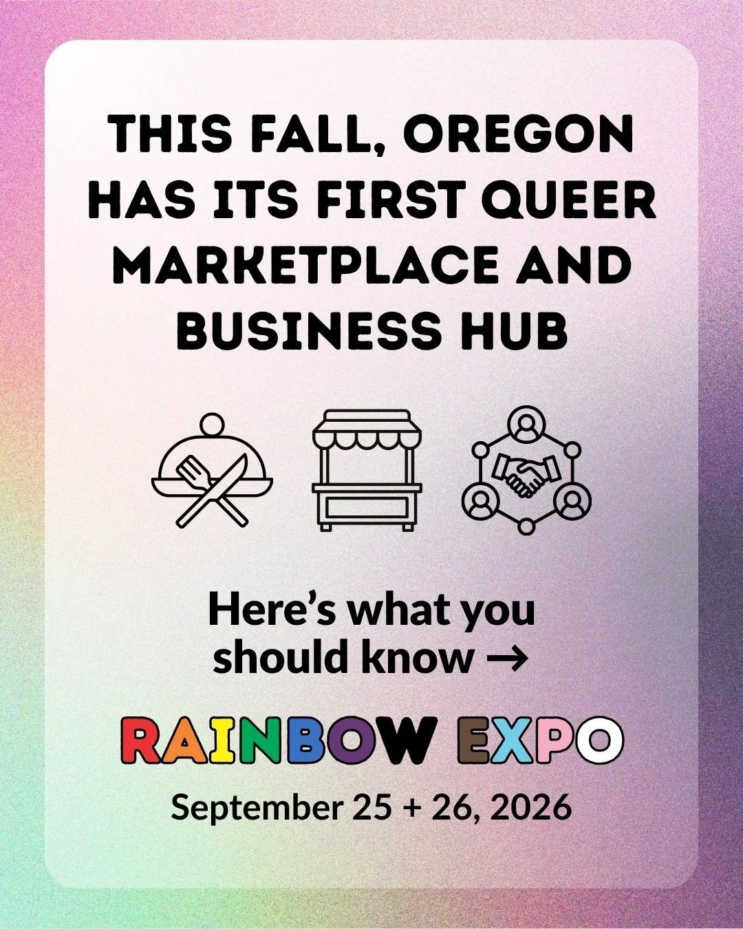 NEW! Your business deserves the spotlight. 🌈✨

The Rainbow Expo is Portland's first-ever queer business showcase&mdash;Sept 25-26 at@socialgoodplace &mdash;and we want YOU there.

This isn't just another vendor fair. It's a curated marketplace where