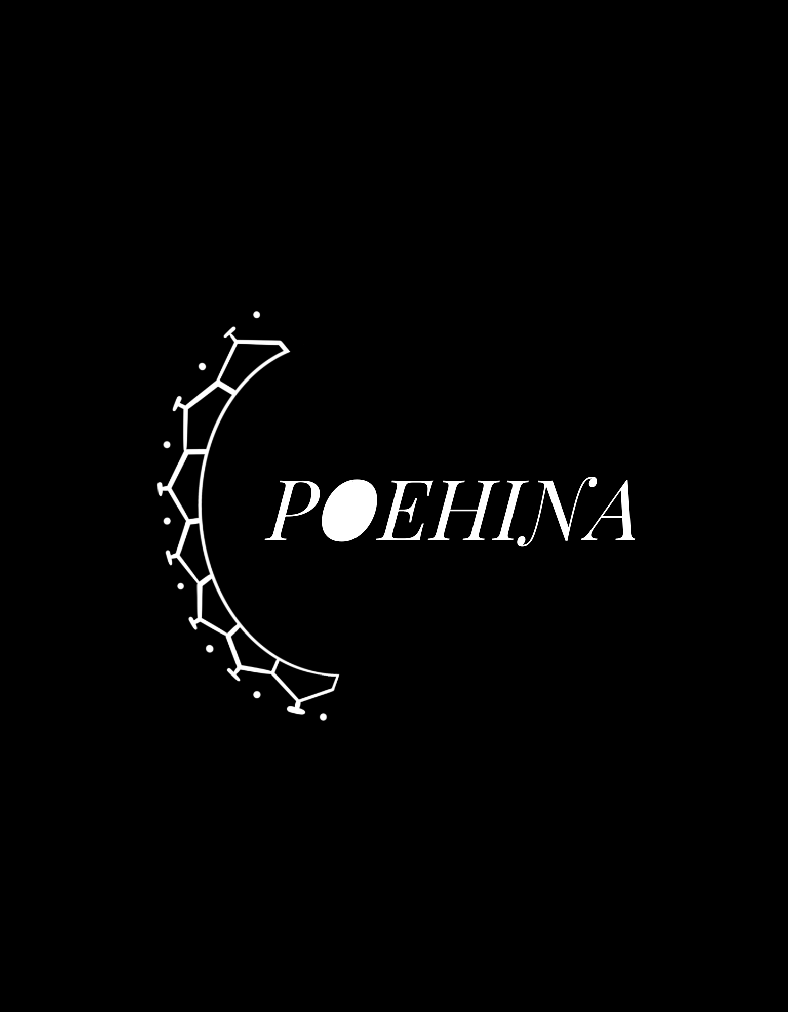 Black background with a white constellation of stars forming the outline of a moon. The word 'POEHINA' is written in white, stylized text across the moon.