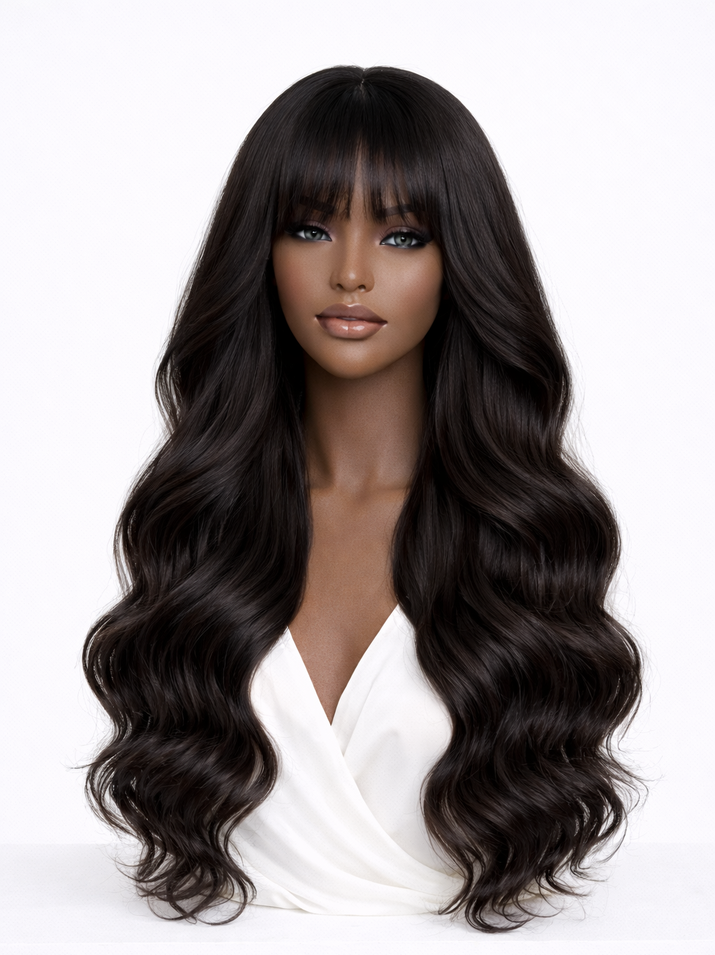 Jessica - Glueless Lace Top Natural Black Wig with Bangs - Wavy