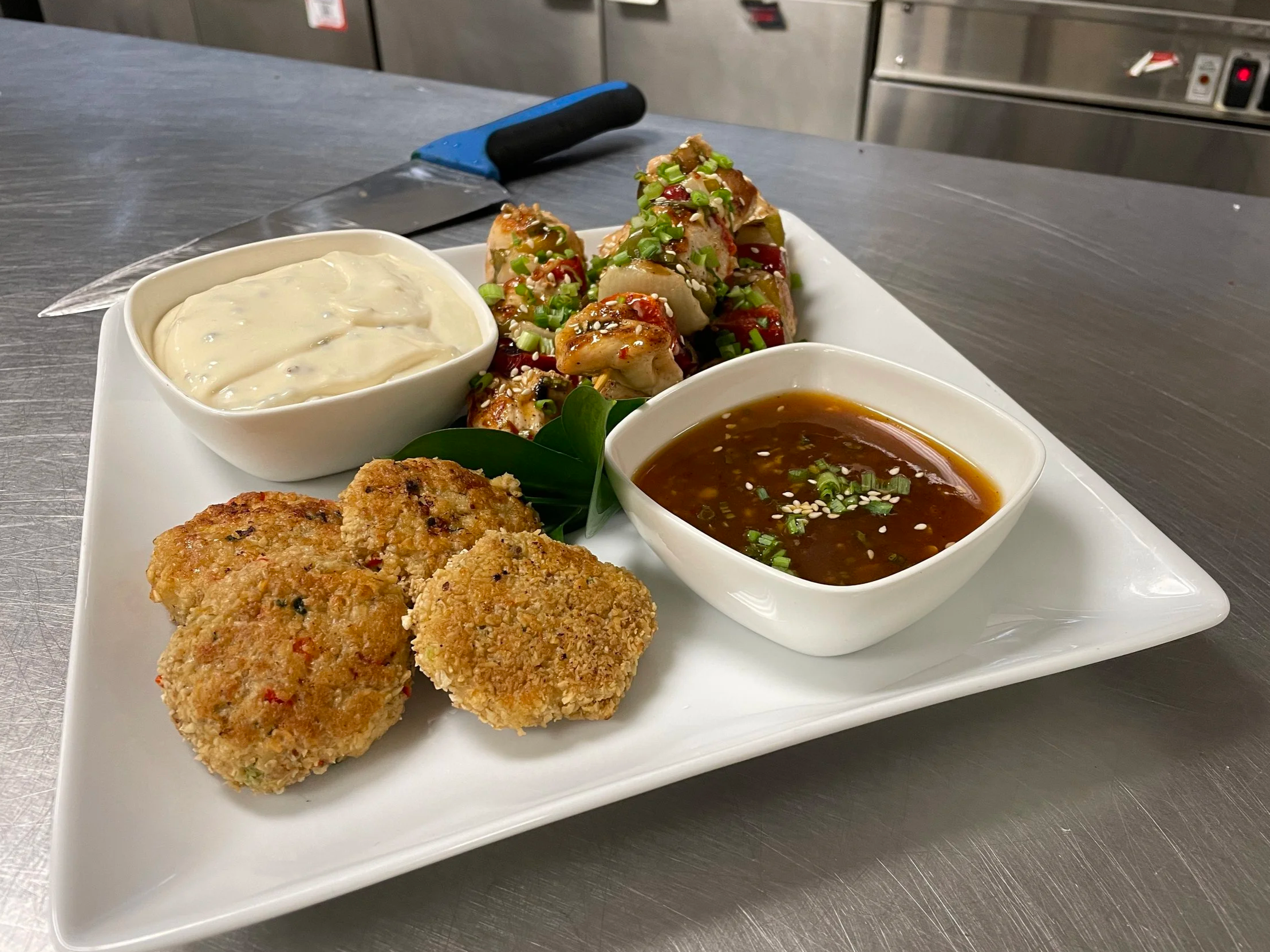 Zesty Shrimp Cakes with Lemon Aioli / Asian Chicken Skewers with Peanut Dipping Sauce