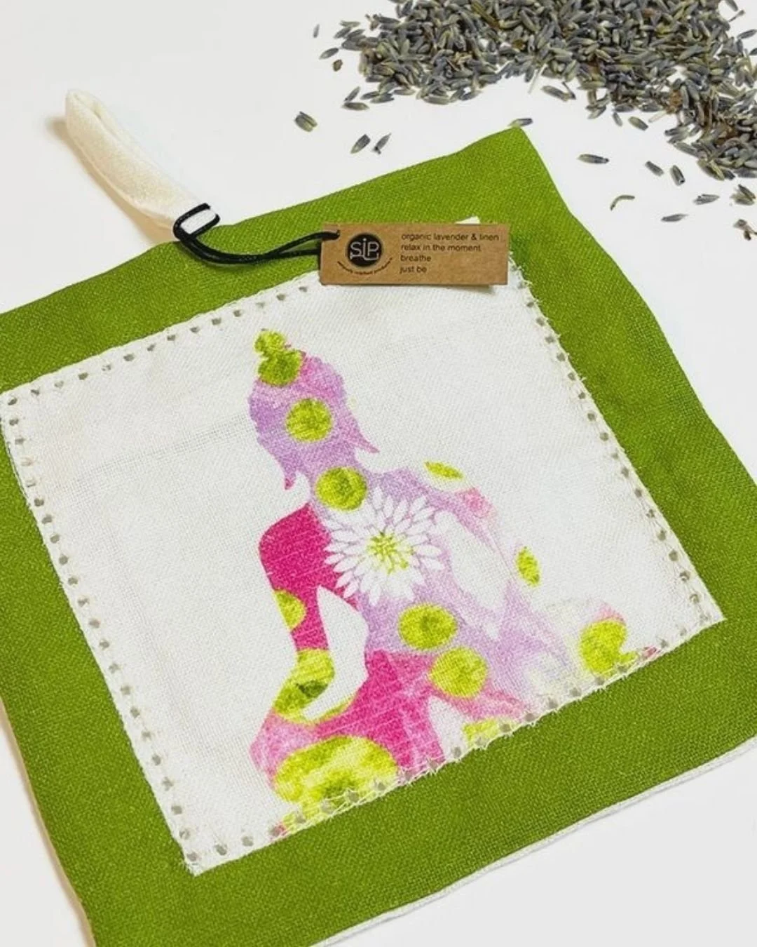 Our Lavender Meditate Sachet is made with an organic cotton/linen blend, hand-painted and framed with an eyelet stitch. It is scented with lavender that releases a beautiful, calming aroma.