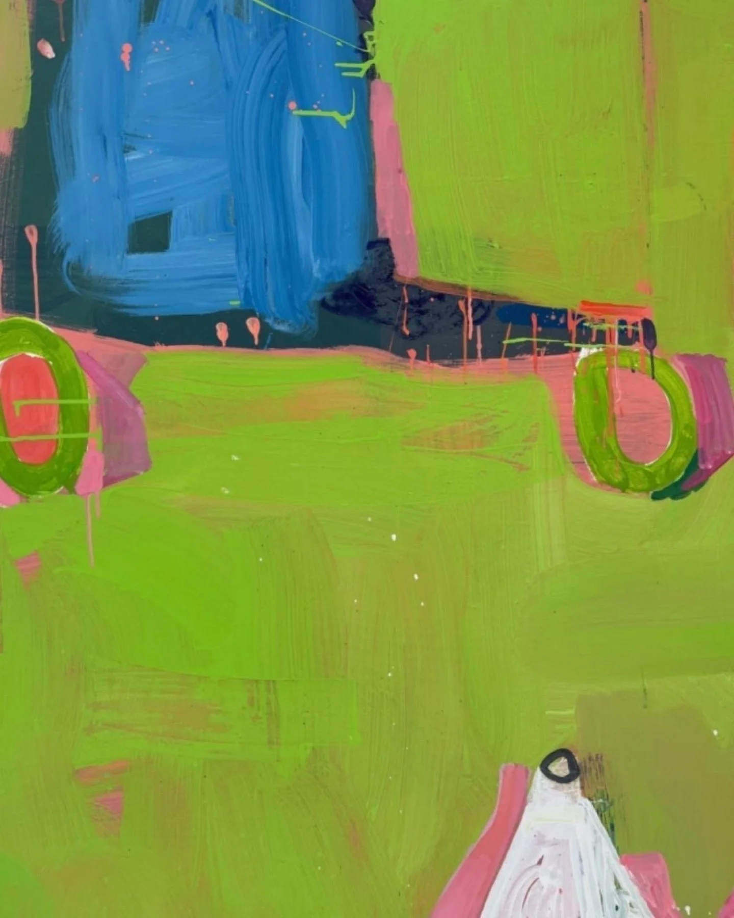 This piece by @garykomarin is stunning. 

This artwork appears to be in the abstract expressionist style, characterized by its spontaneous brushstrokes, vibrant colors, and non-representational forms. The hints of pink complement the lime green and a